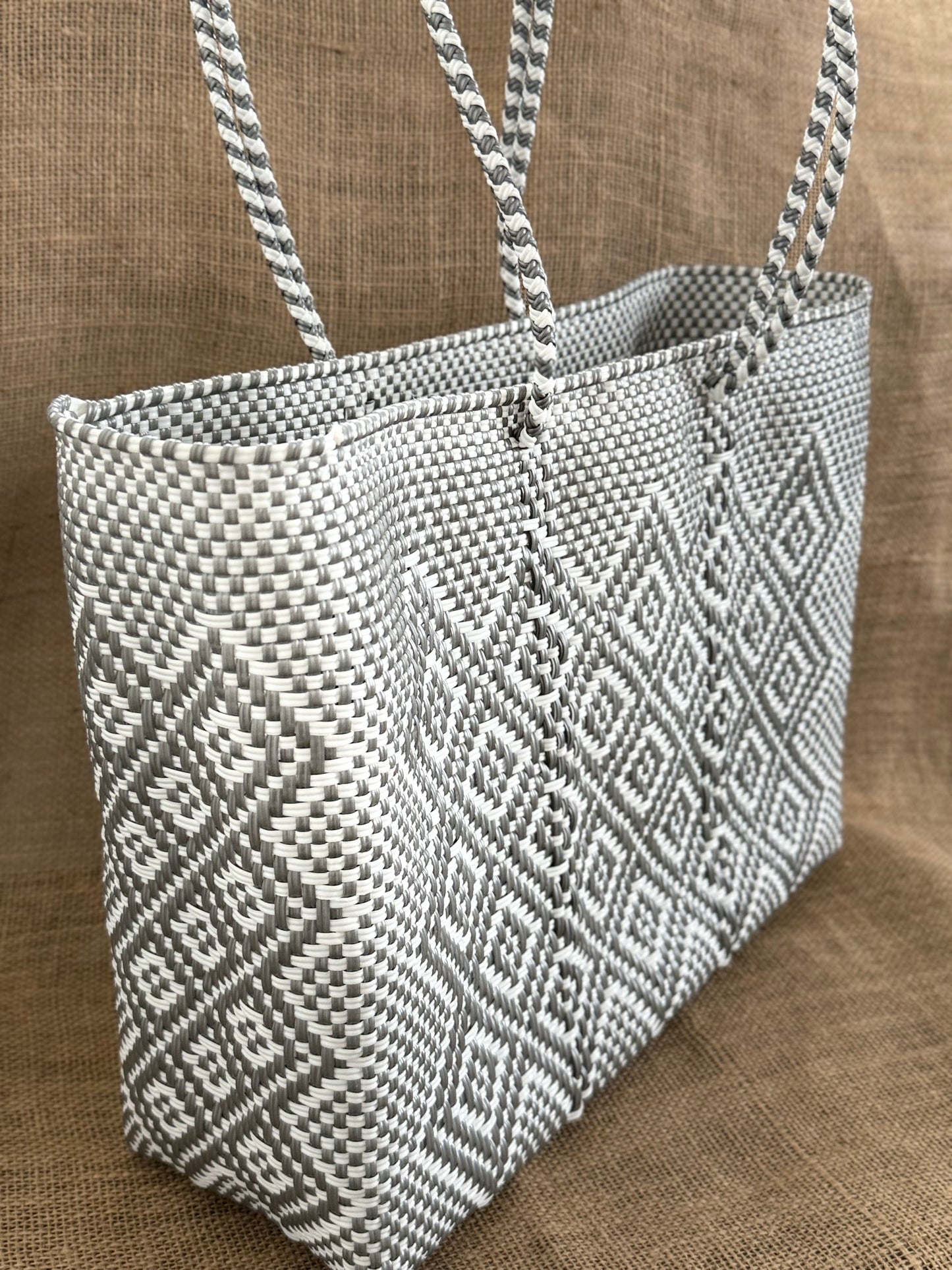 Handwoven Recycled Plastic Tote - Light Grey/White