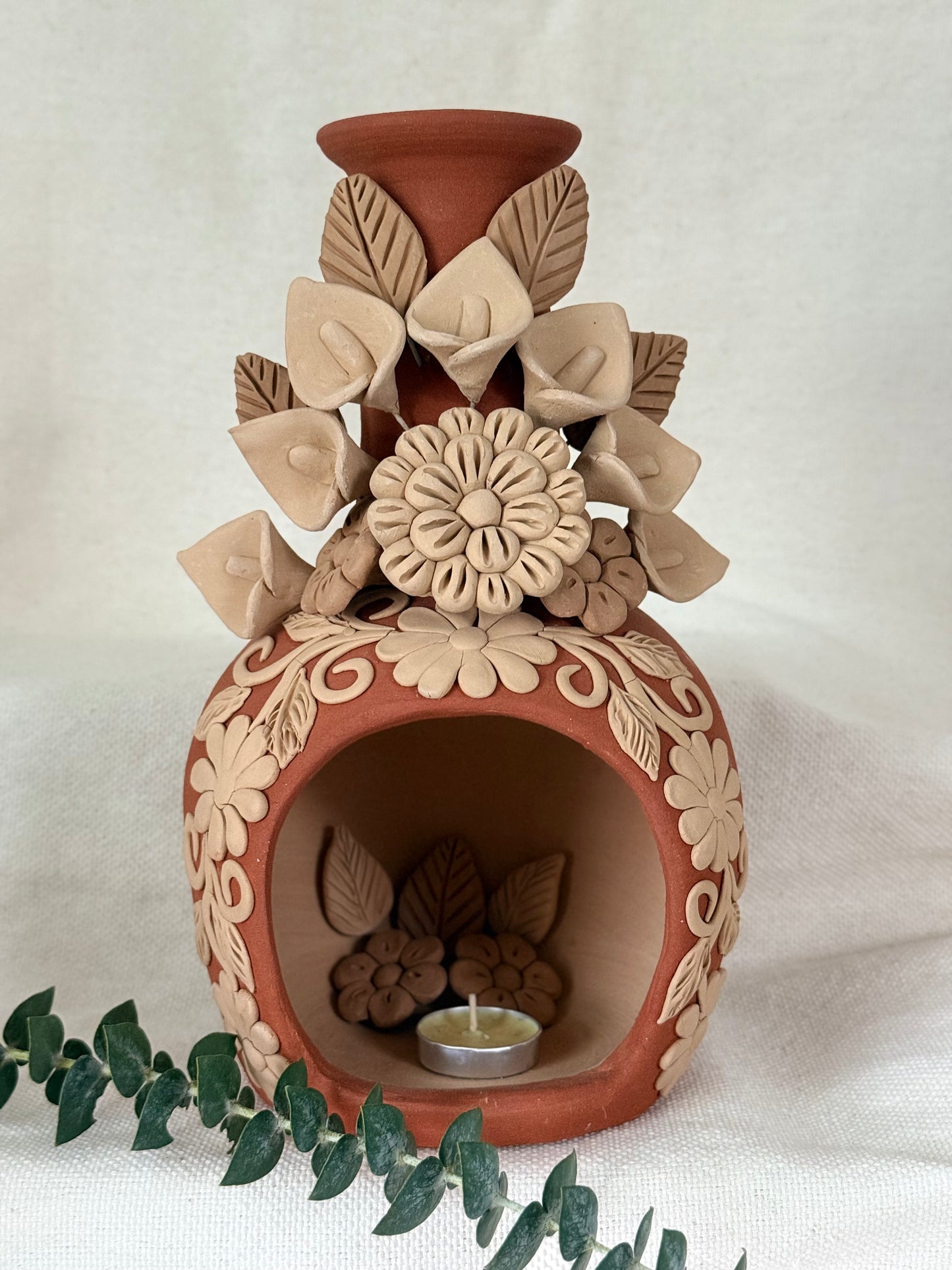 Handcrafted Clay Chimney Candle Holder with 3D Floral Detail - Calla Lilies