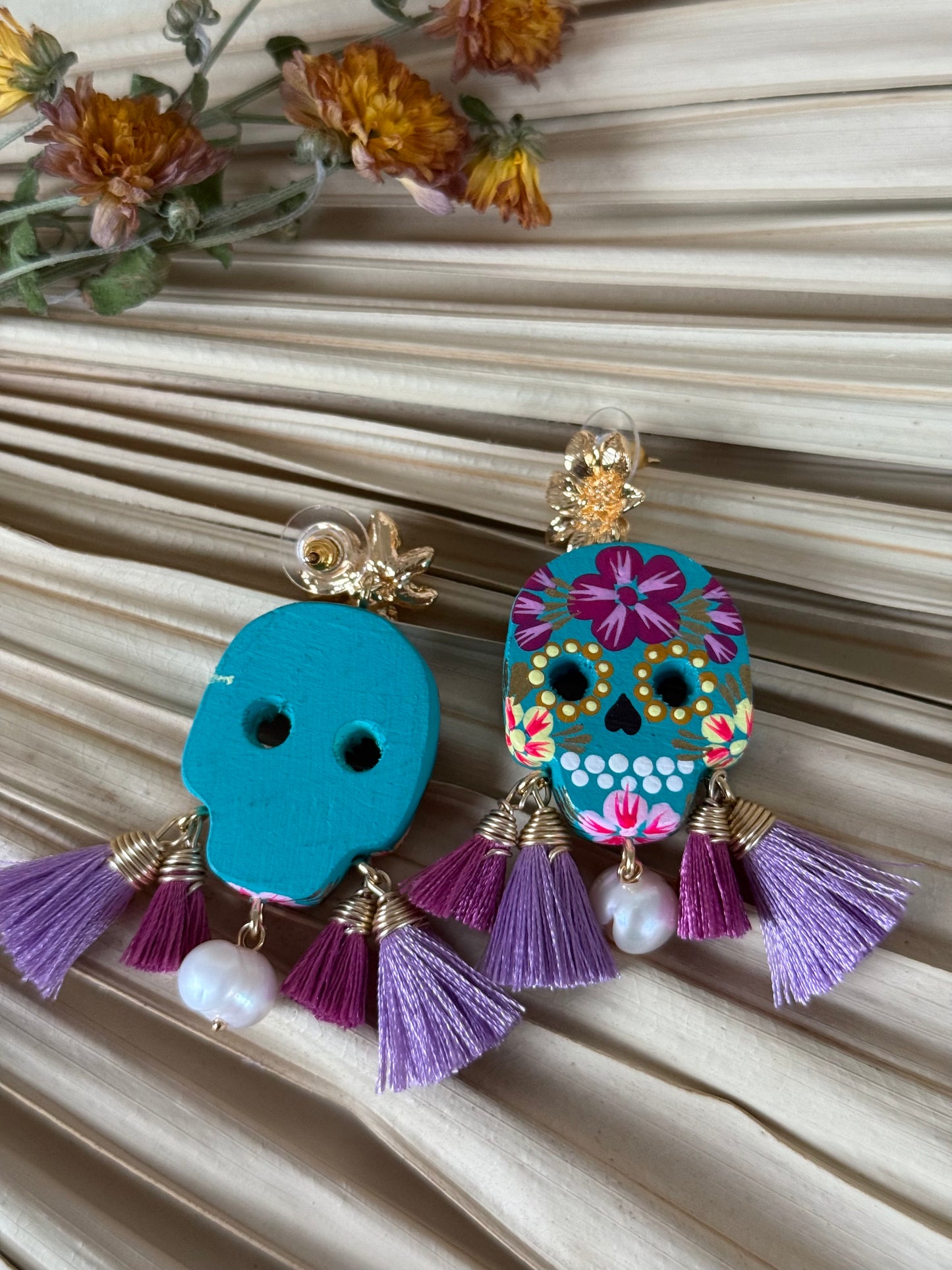 Wooden Catrina Earrings - Teal/Purple