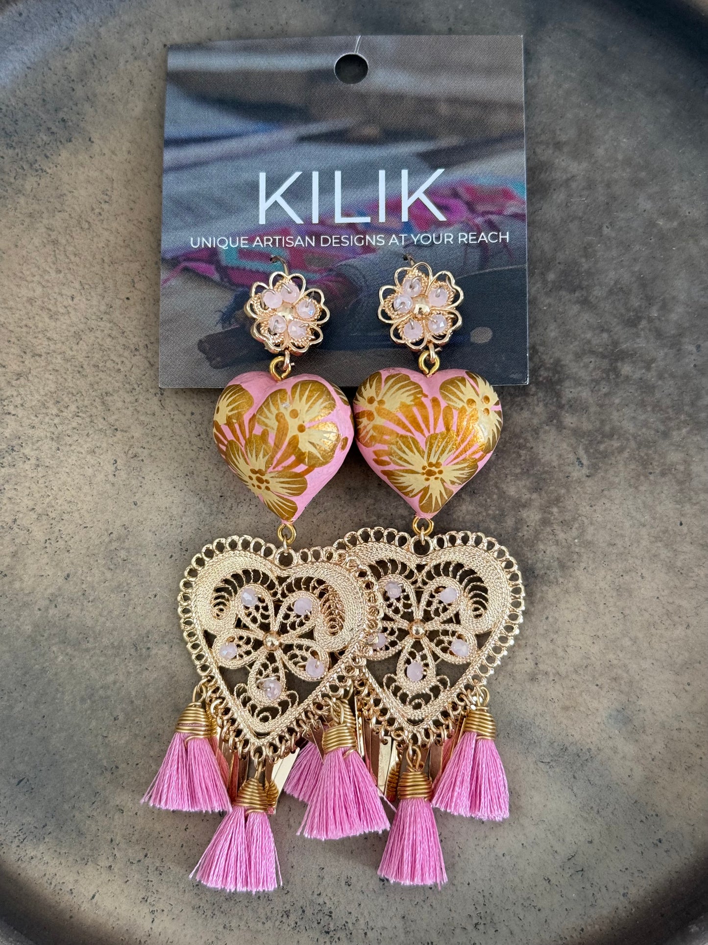 Wood Carved & Hand-Painted Earrings with Filigrana – Pink