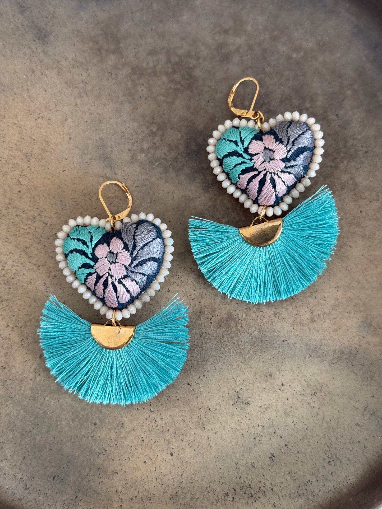 Caribbean Blue Embroidered Earrings