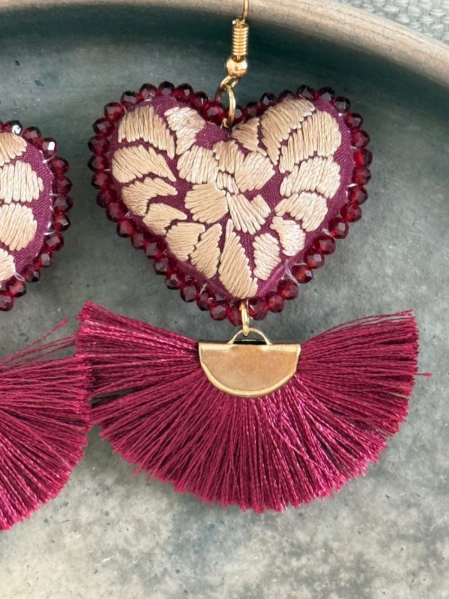 Hand Embroidered Earrings - Burgundy/Gold