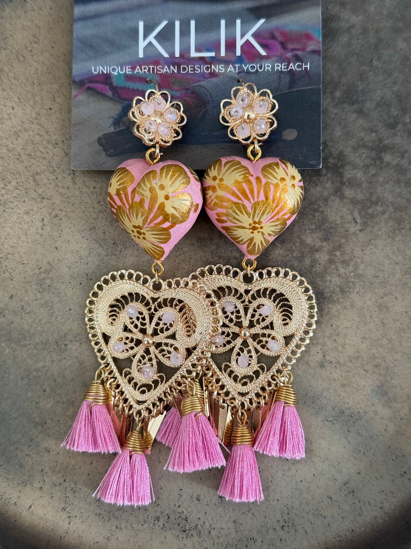 Wood Carved & Hand-Painted Earrings with Filigrana – Pink