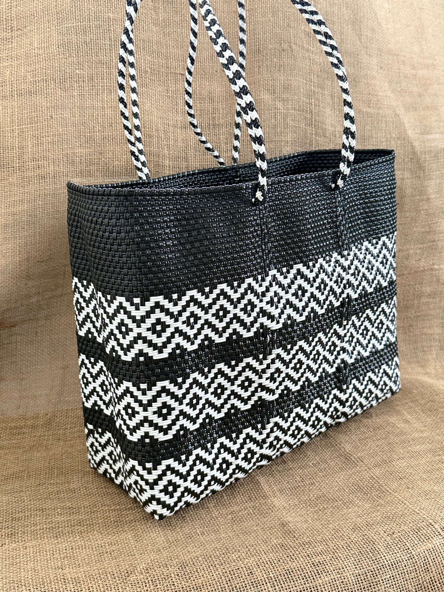 Handwoven Recycled Plastic Tote - White/Black