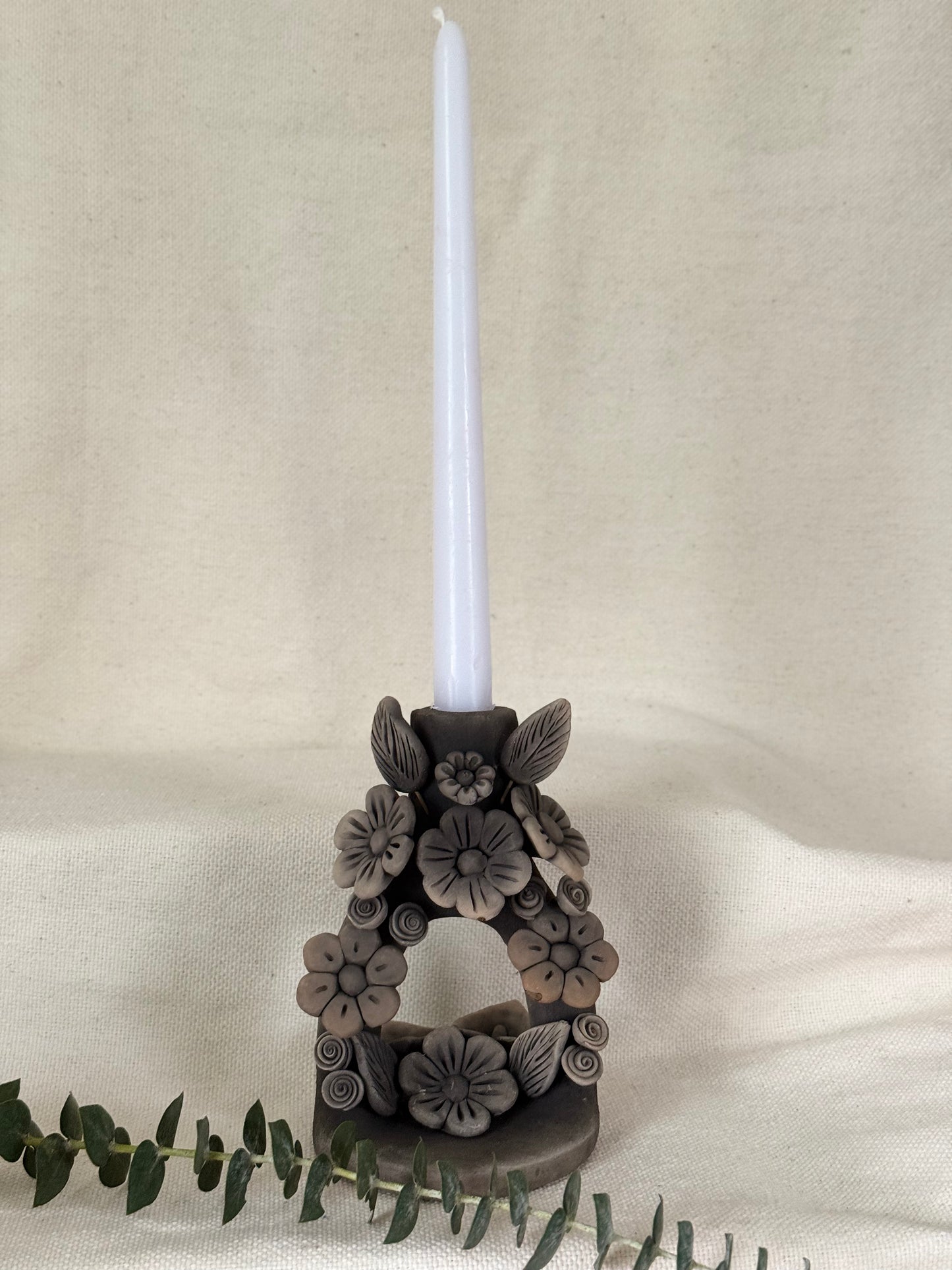 Handmade Clay Candleholder - Flowers Smoked Finish