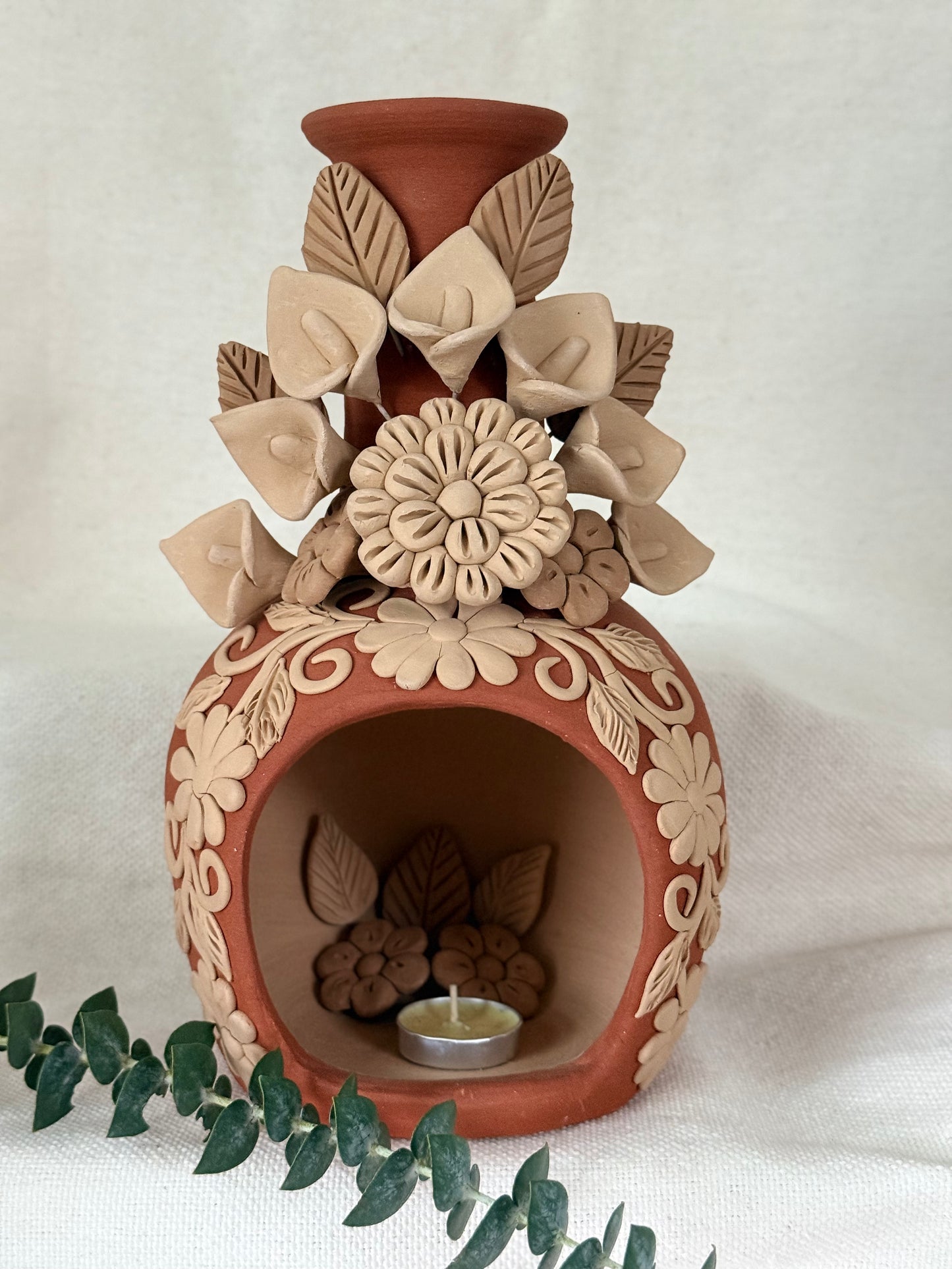 Handcrafted Clay Chimney Candle Holder with 3D Floral Detail - Calla Lilies