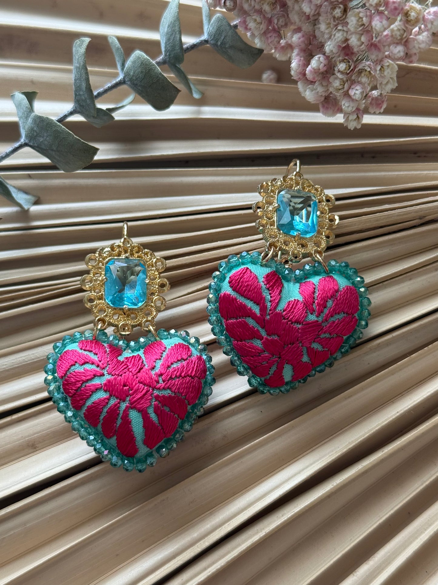 Hand Embroidered Heart Shaped Earrings - Caribbean Blue/Magenta