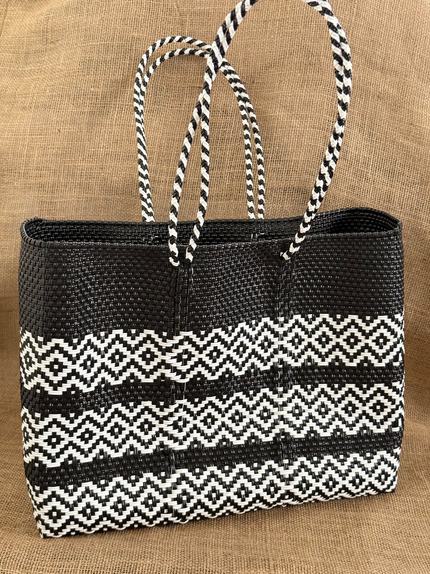 Handwoven Recycled Plastic Tote - White/Black