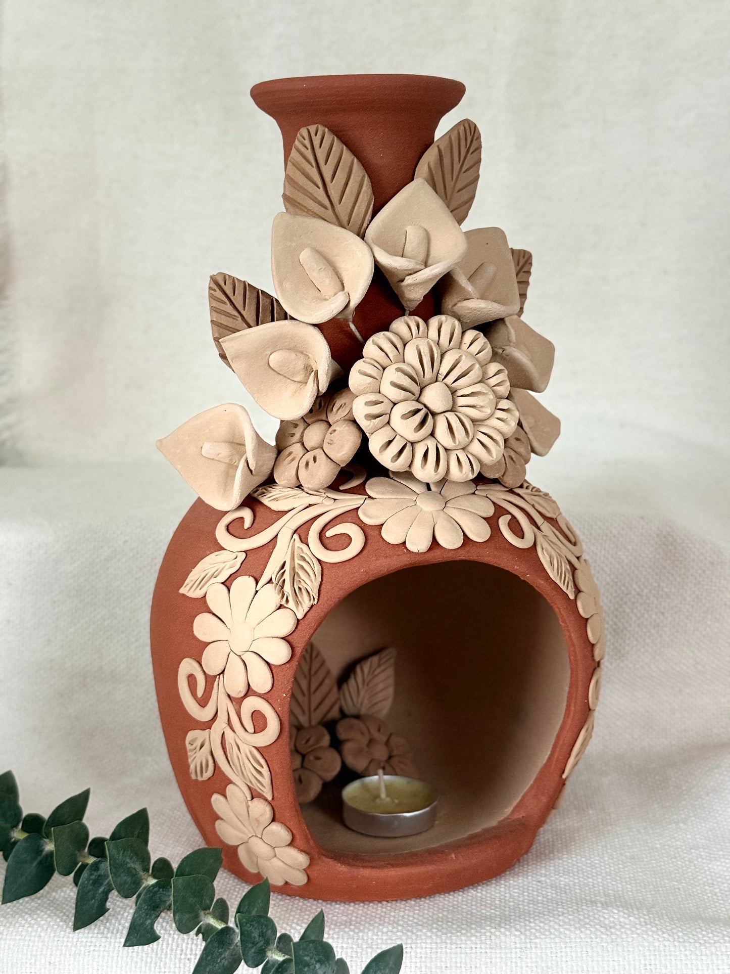 Handcrafted Clay Chimney Candle Holder with 3D Floral Detail - Calla Lilies