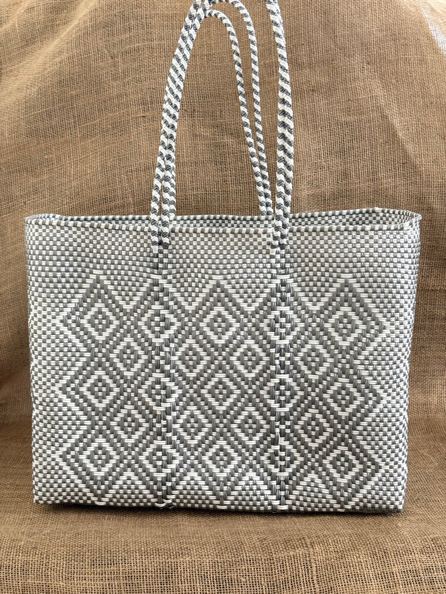 Handwoven Recycled Plastic Tote - Light Grey/White