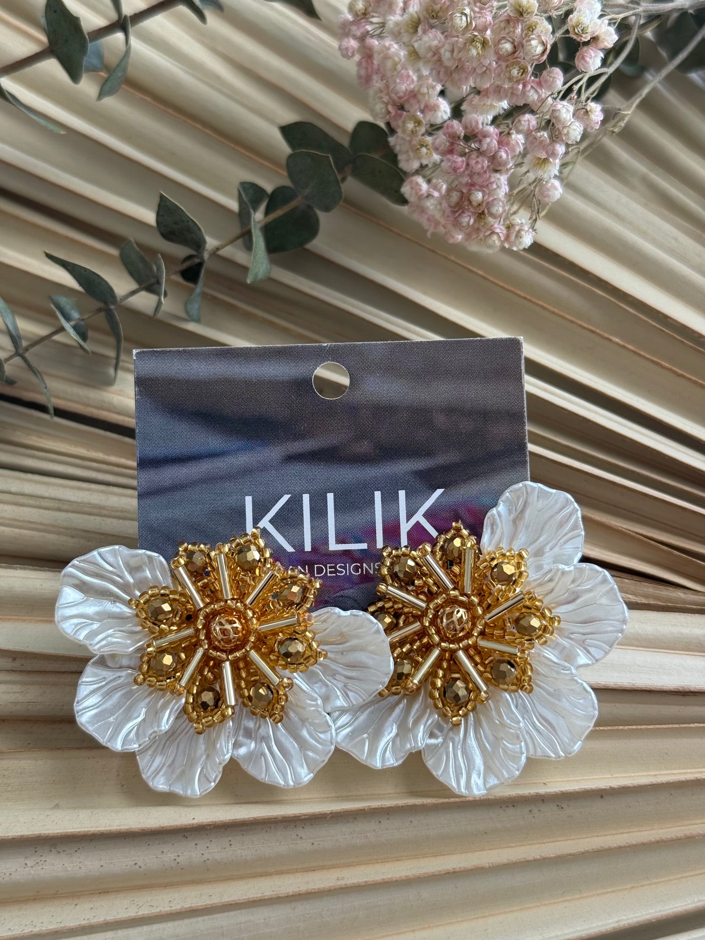 Beaded Gold Studs w/White