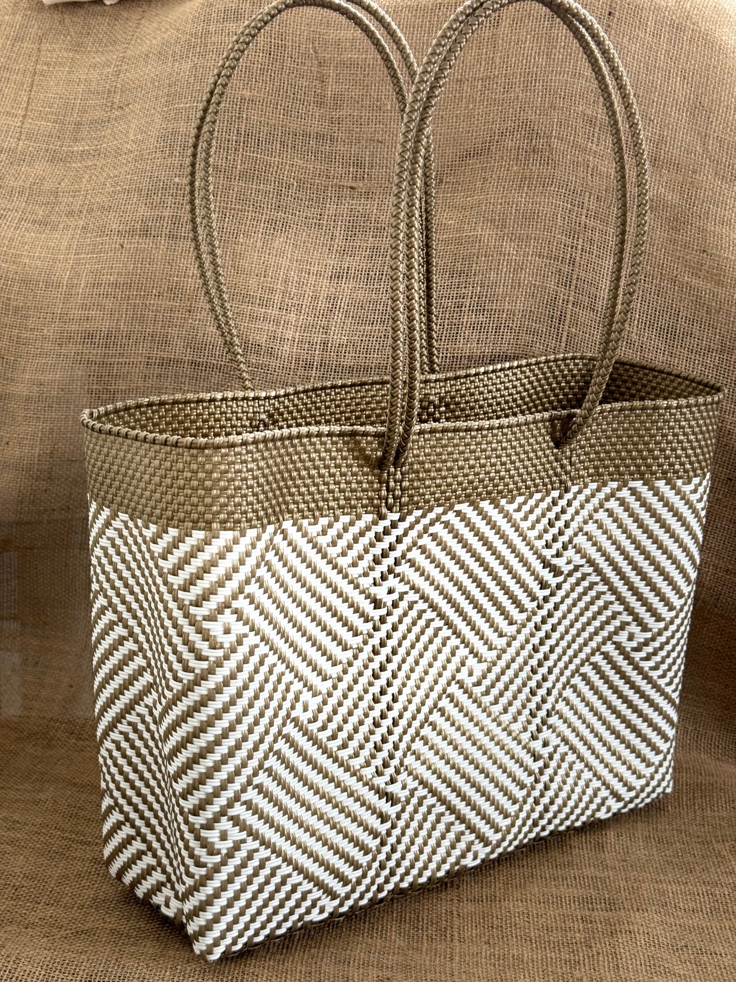 Handwoven Recycled Plastic Tote - Gold/White