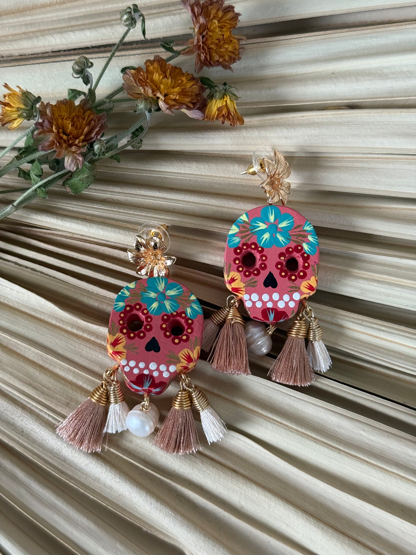 Wooden Catrina Earrings - Pink/Green
