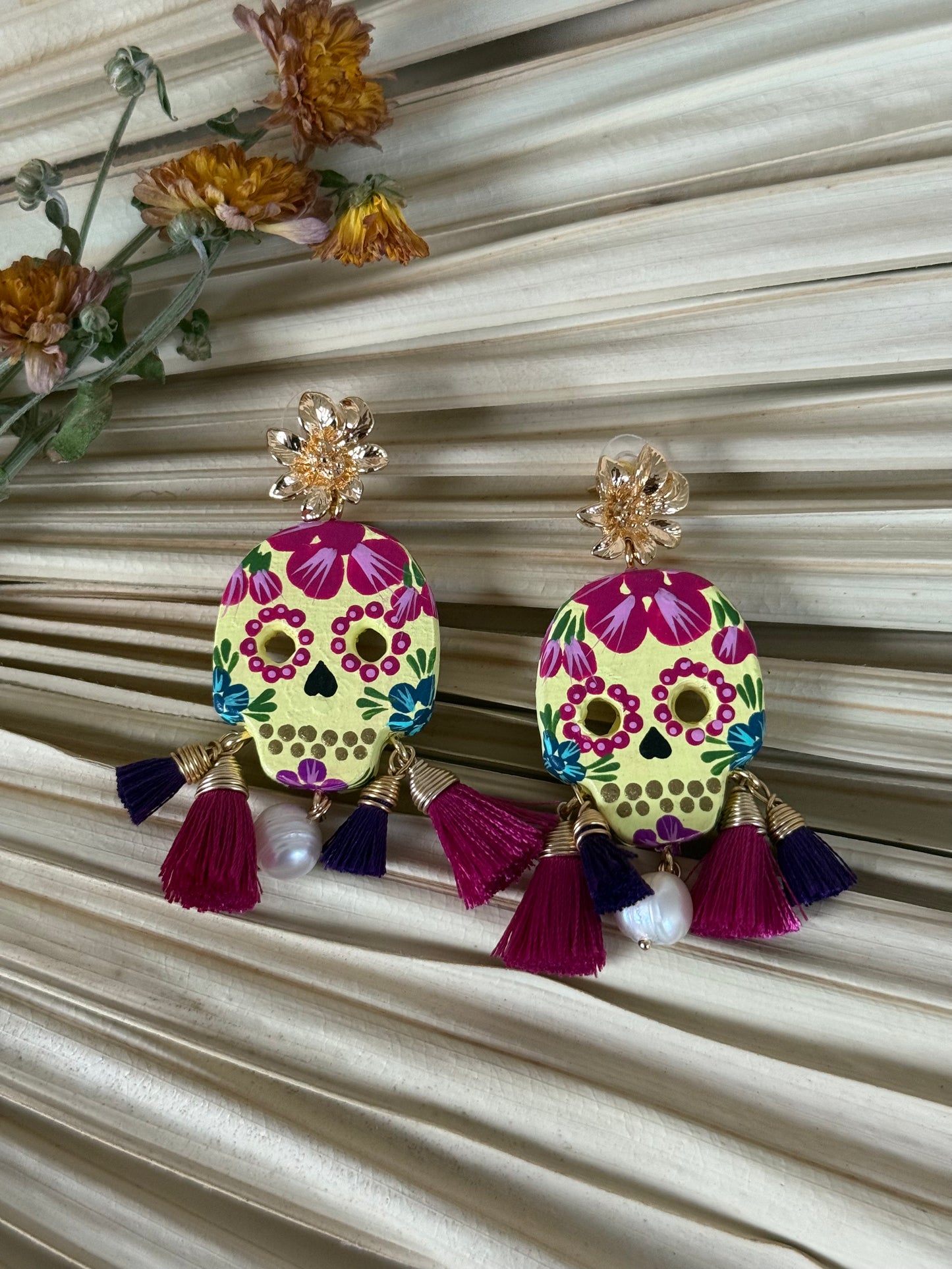 Wooden Catrina Earrings - Yellow/Magenta