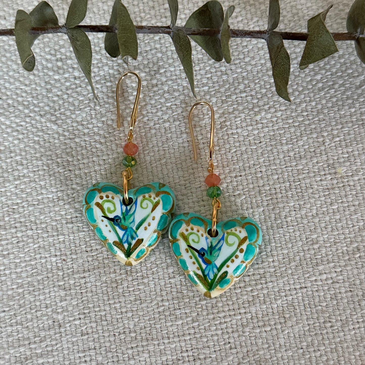 Hummingbird Heart-Shaped Earrings - Teal