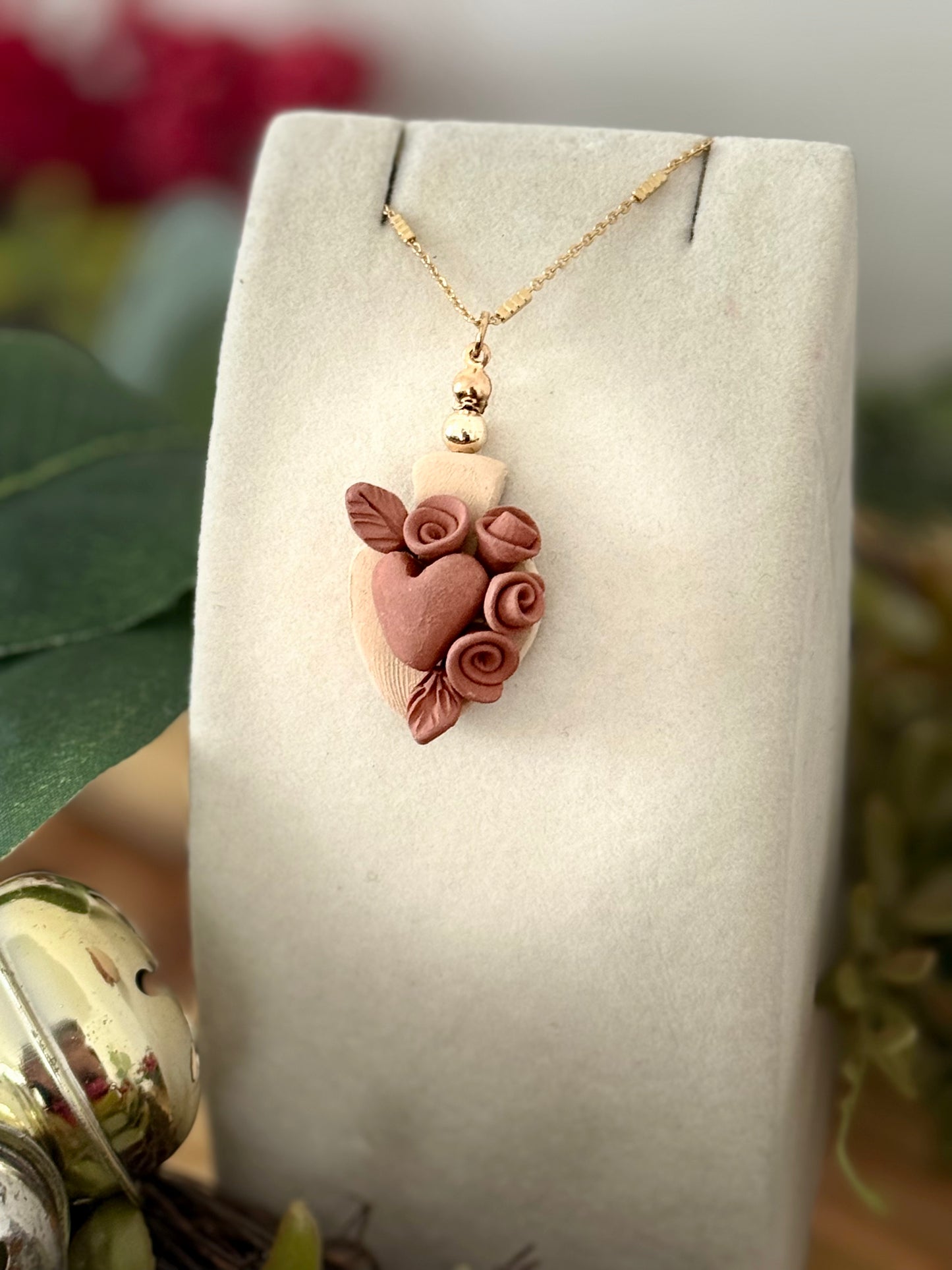 Flower & Sacred Heart Barro Pendant Necklace