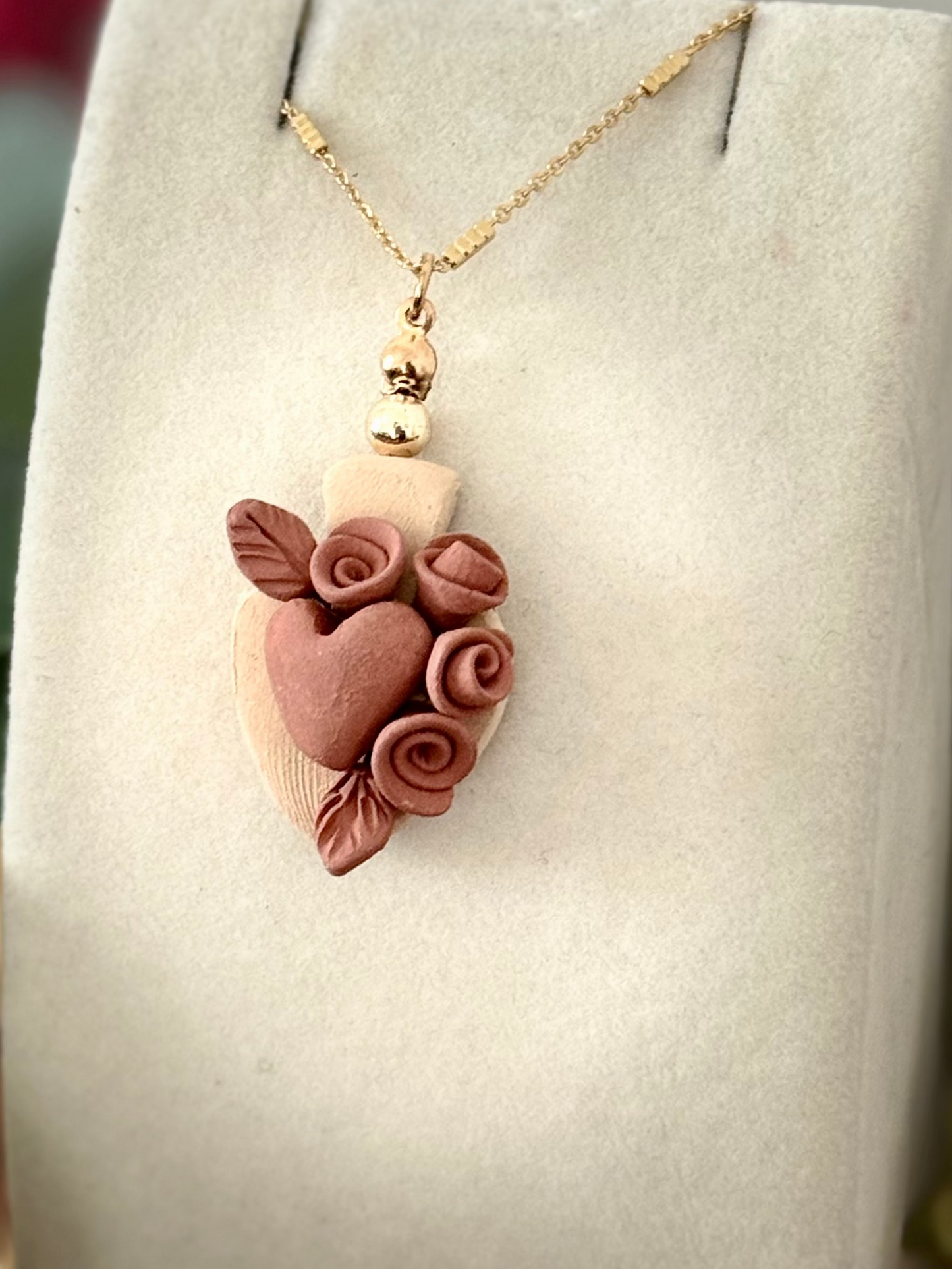 Flower & Sacred Heart Barro Pendant Necklace