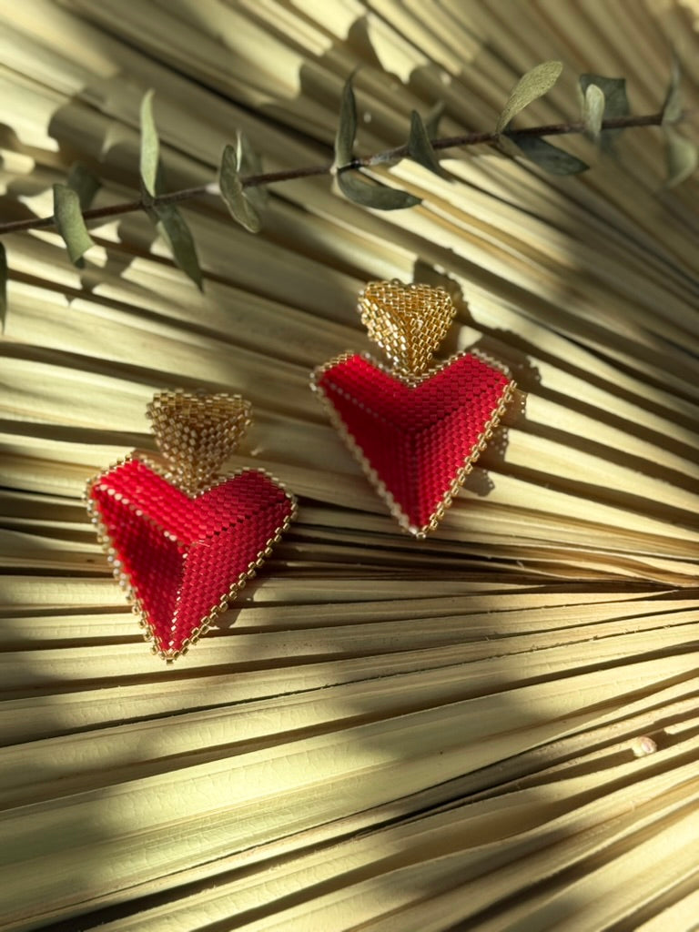 Red/Gold Miyuki Beaded Heart Earrings
