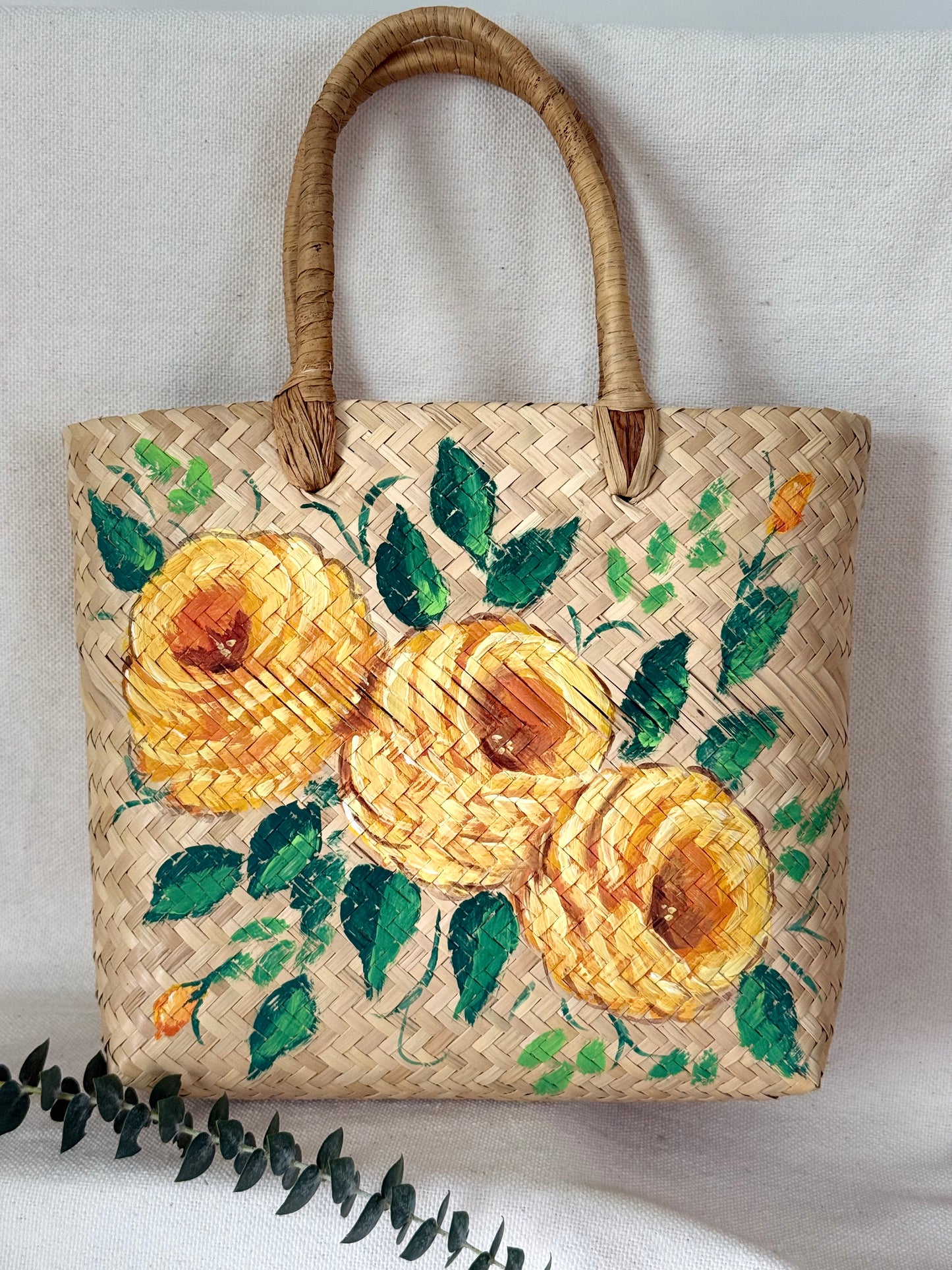 Hand-Painted Yellow Flower Palm Handbag