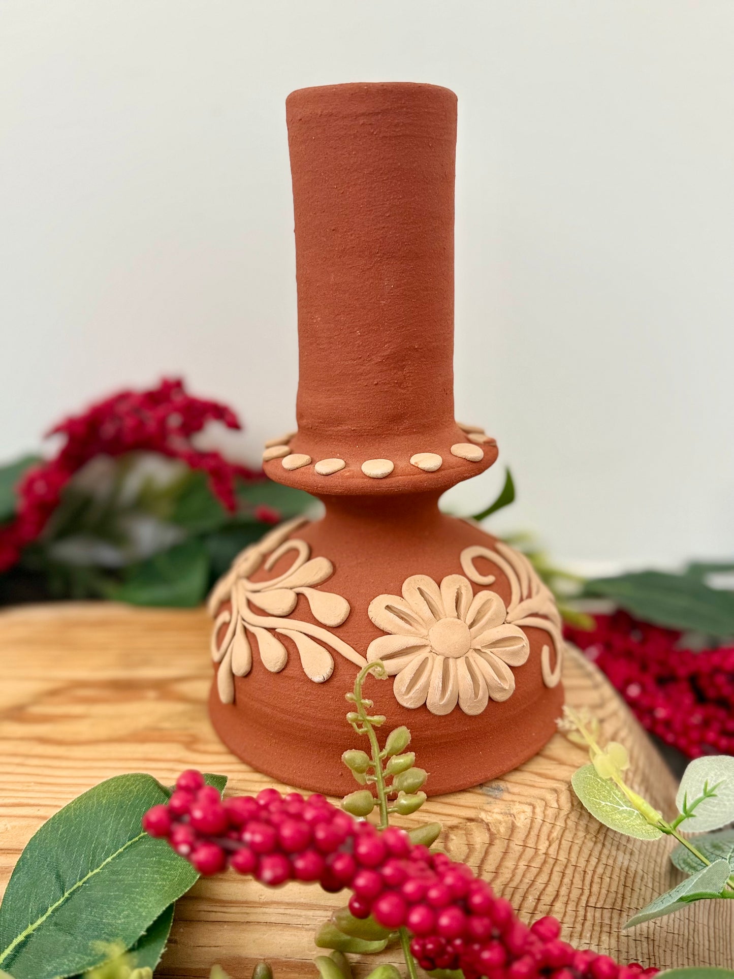 Red Clay Candleholder - Embroidered 2