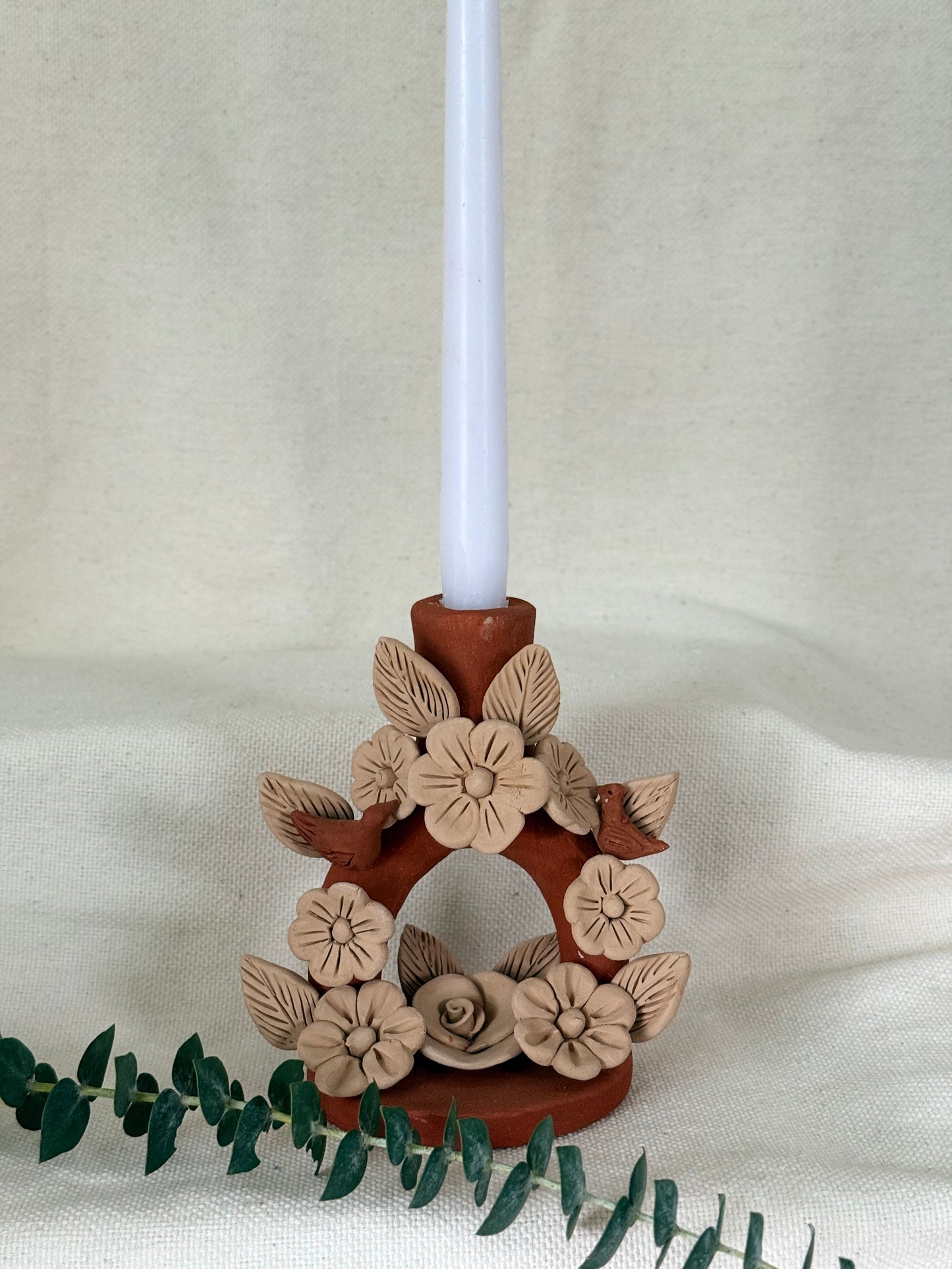 Handmade Clay Candleholder - Flowers/Birds