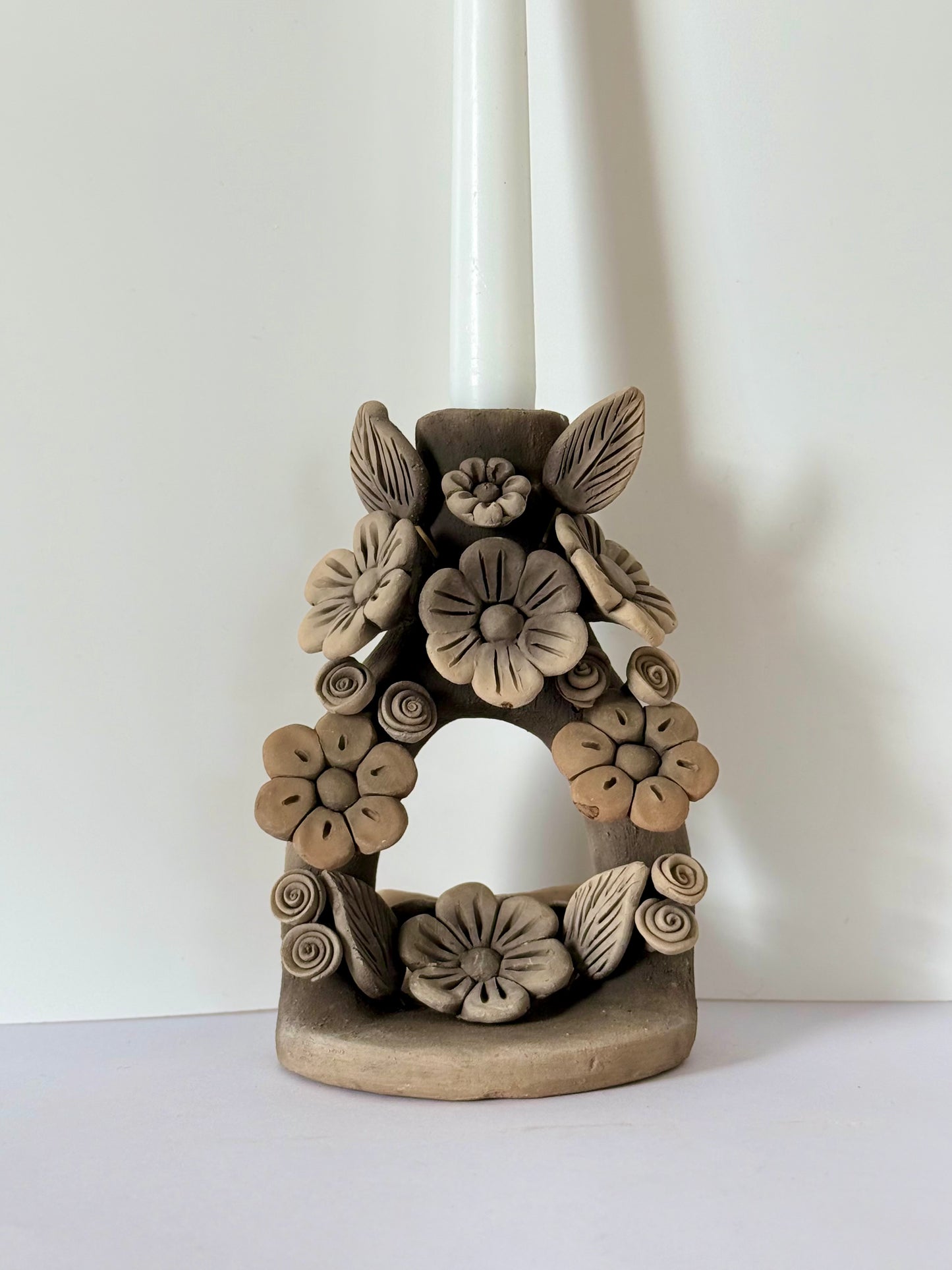 Handmade Clay Floral Candleholder - Smoked