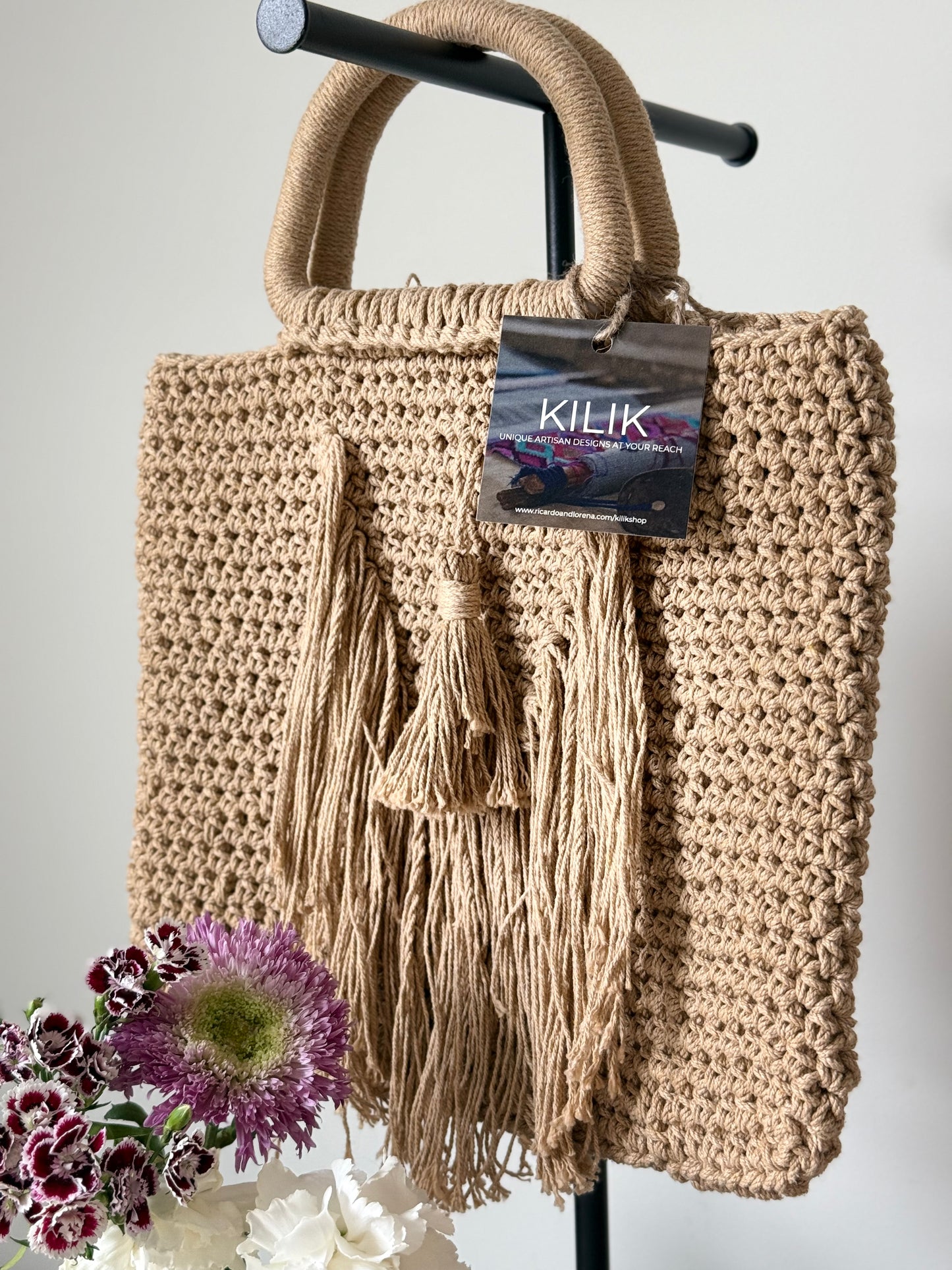 Macrame Handbag - Dark Beige Short Fringe
