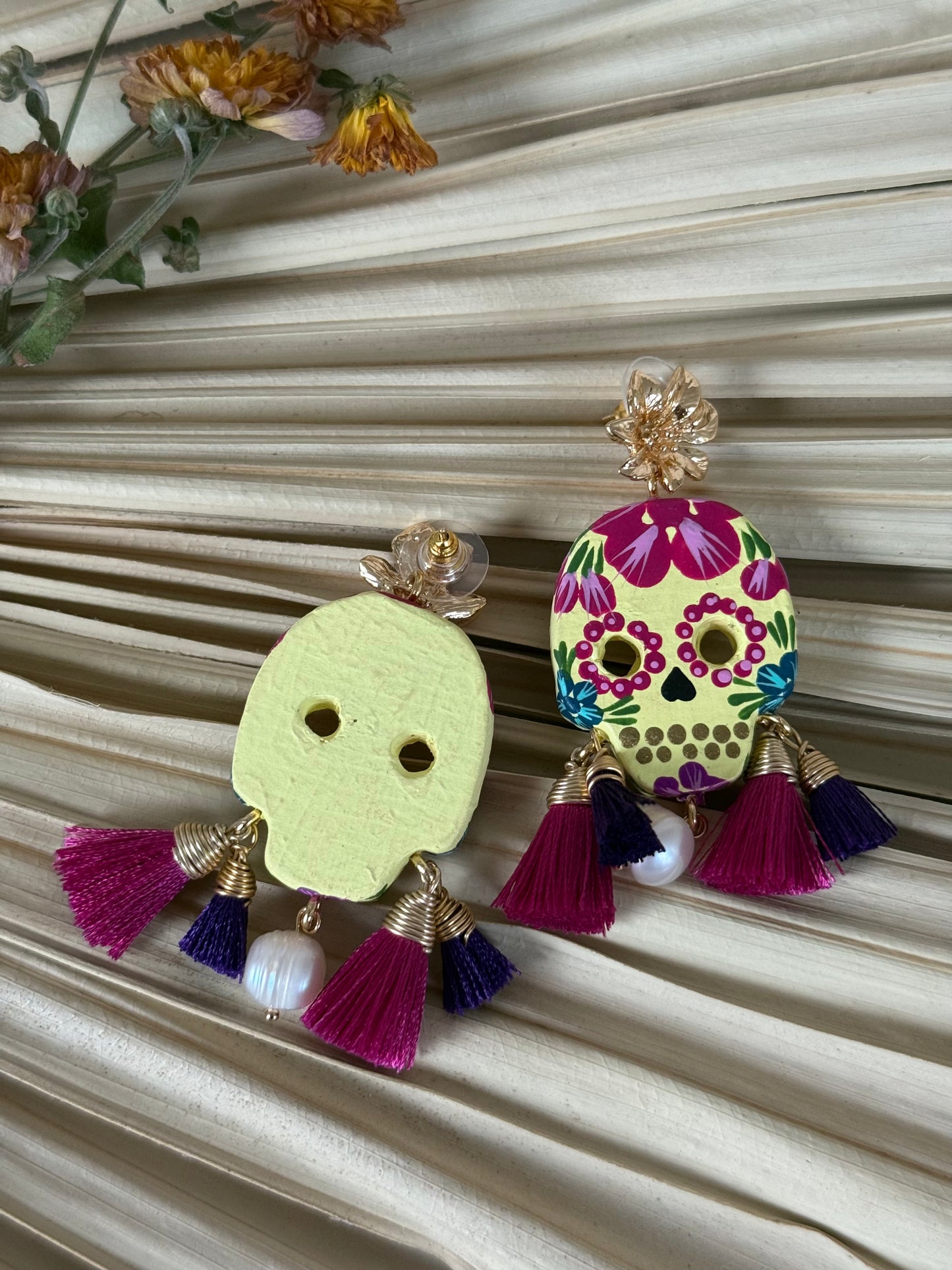 Wooden Catrina Earrings - Yellow/Magenta
