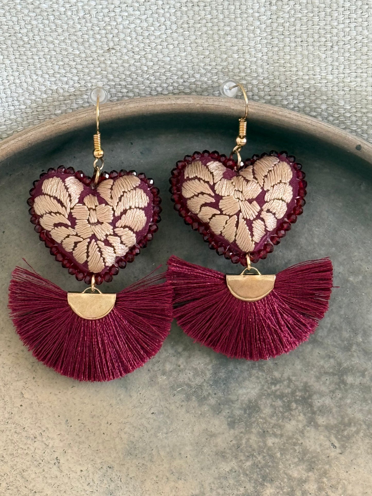 Hand Embroidered Earrings - Burgundy/Gold