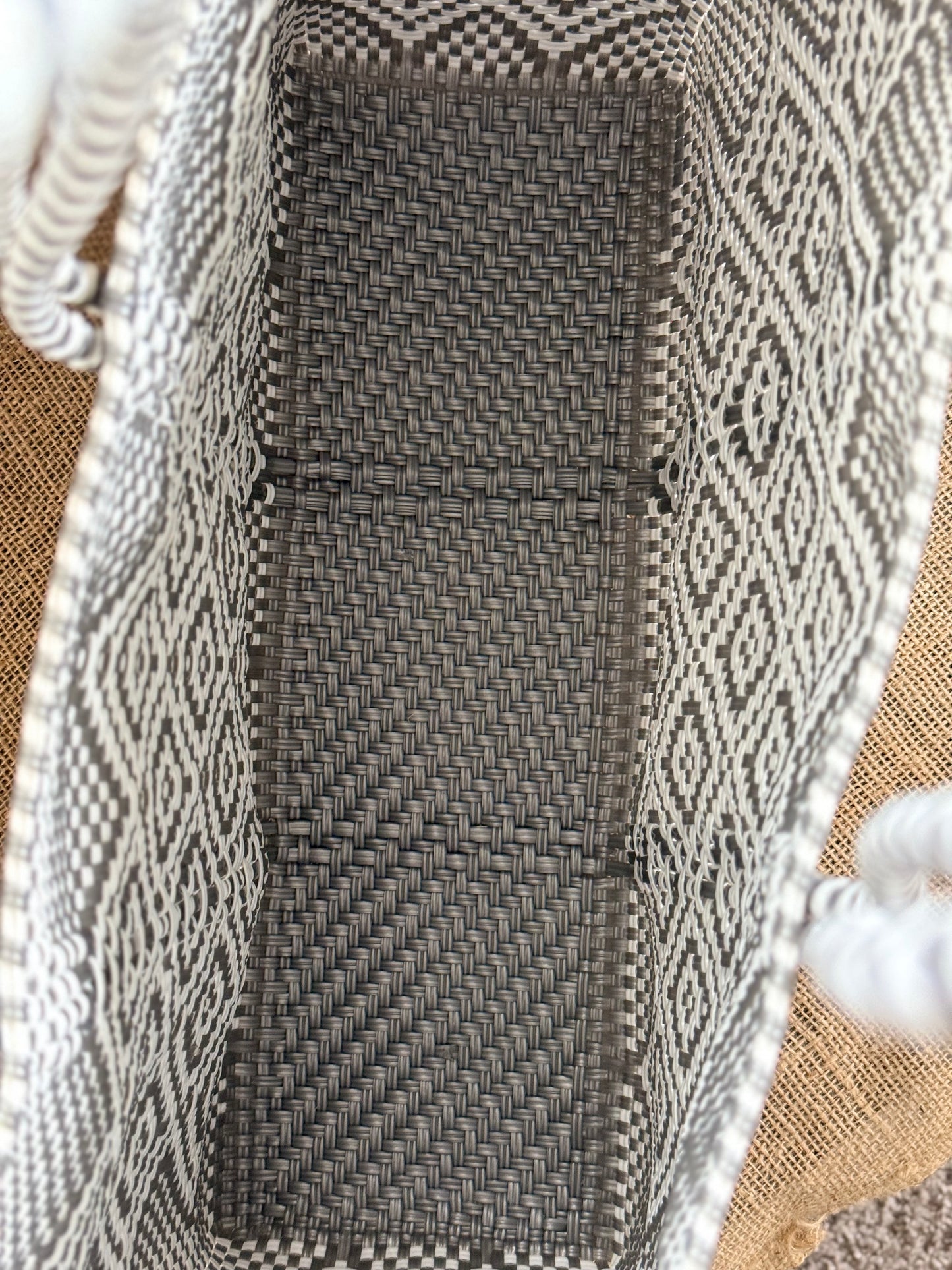 Handwoven Recycled Plastic Tote - Light Grey/White
