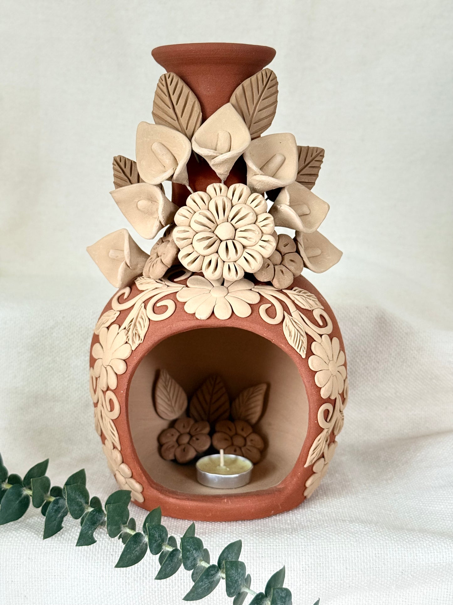 Handcrafted Clay Chimney Candle Holder with 3D Floral Detail - Calla Lilies