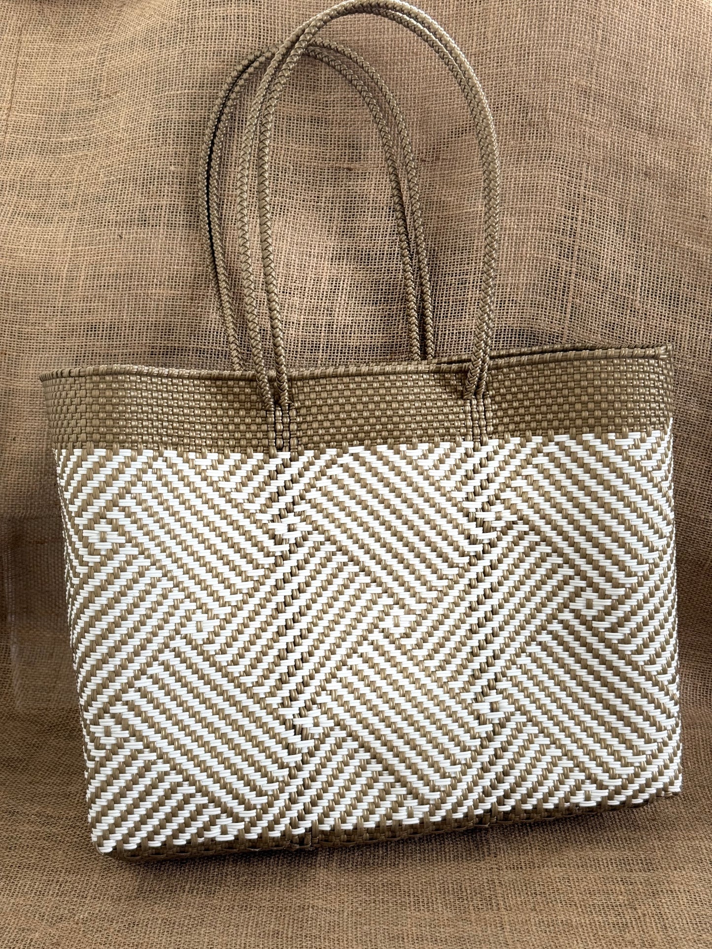 Handwoven Recycled Plastic Tote - Gold/White