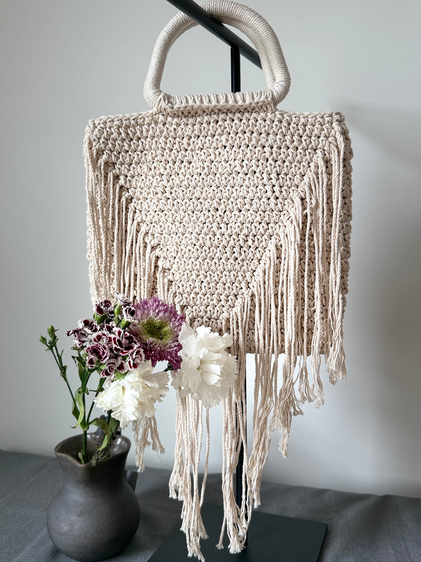 Macrame Handbag - Light Beige Long Fringe