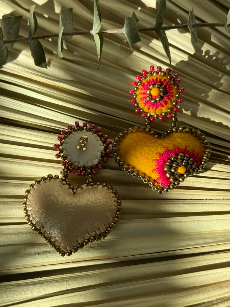 Heart Shaped Earrings - Yellow/Magenta