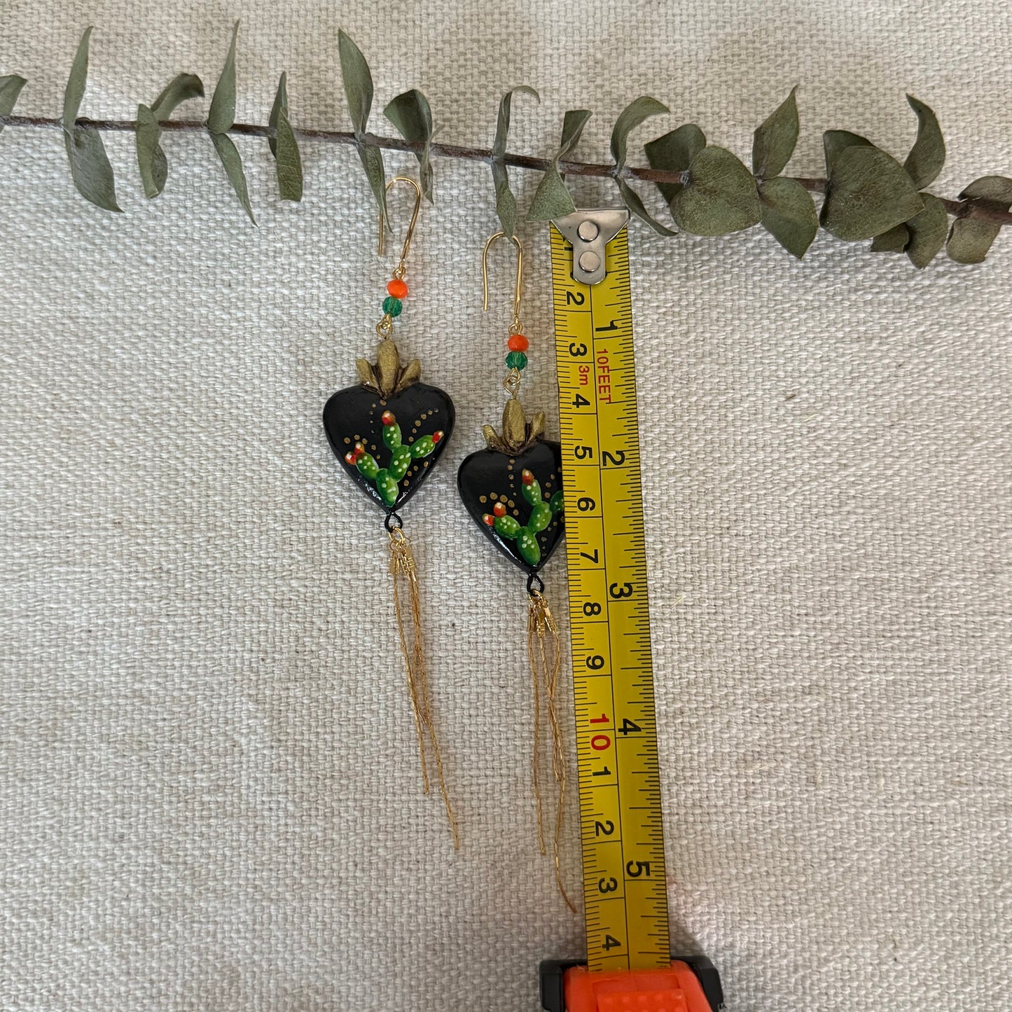 Black/Cactus Sacred Heart Long Earrings