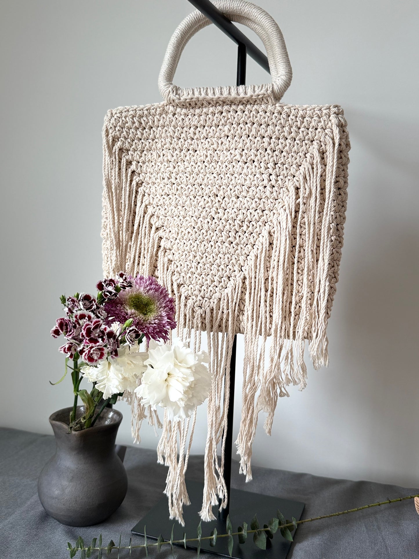 Macrame Handbag - Light Beige Long Fringe