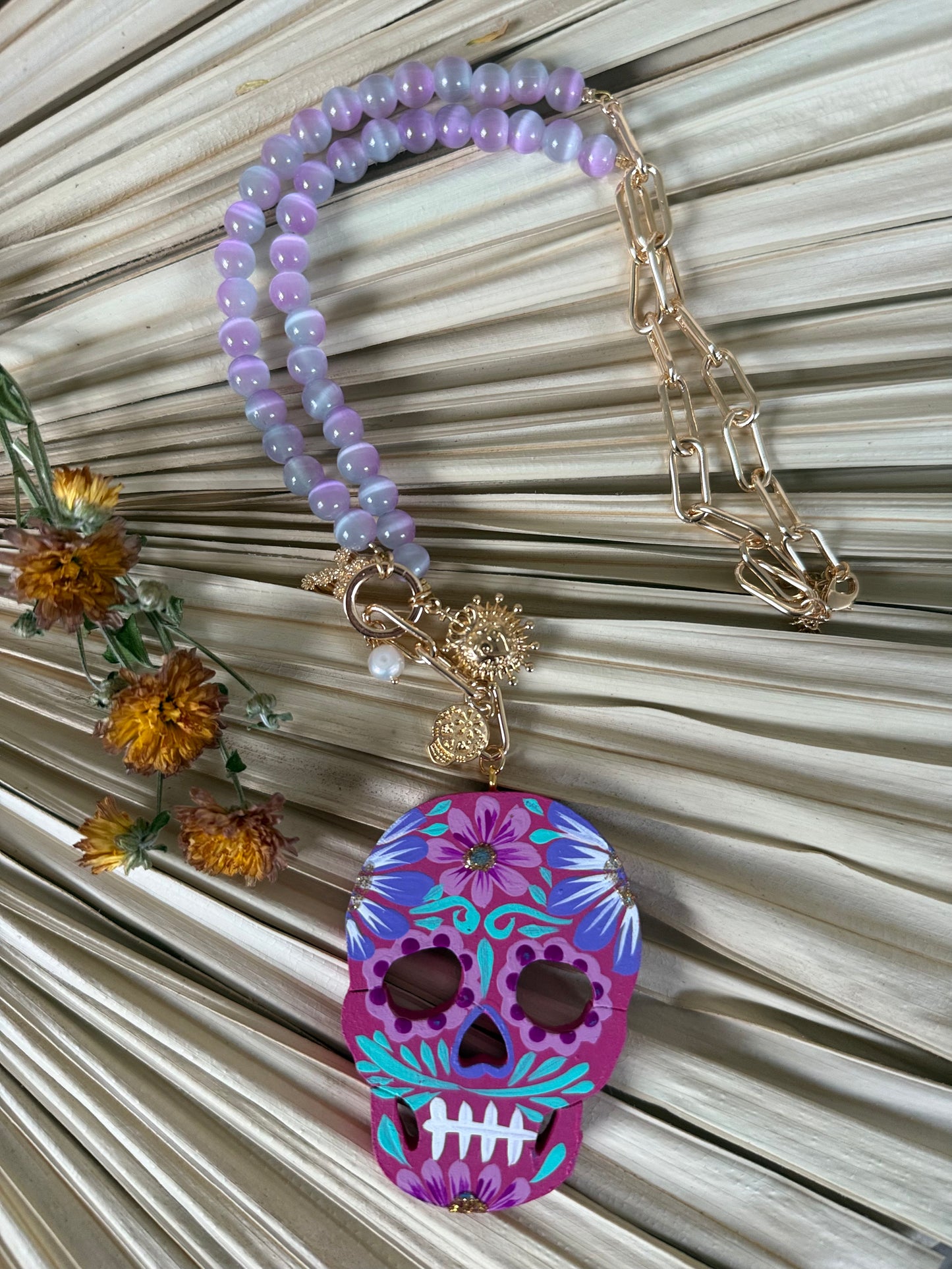 Beaded/Hand-painted Wooden Catrina Necklace