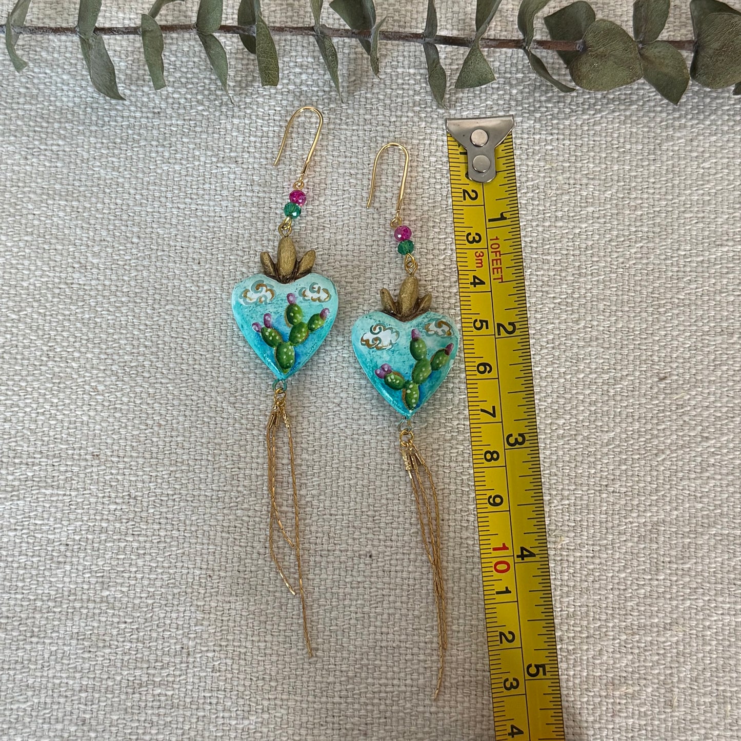 Blue/Cactus Long Sacred Heart Earrings