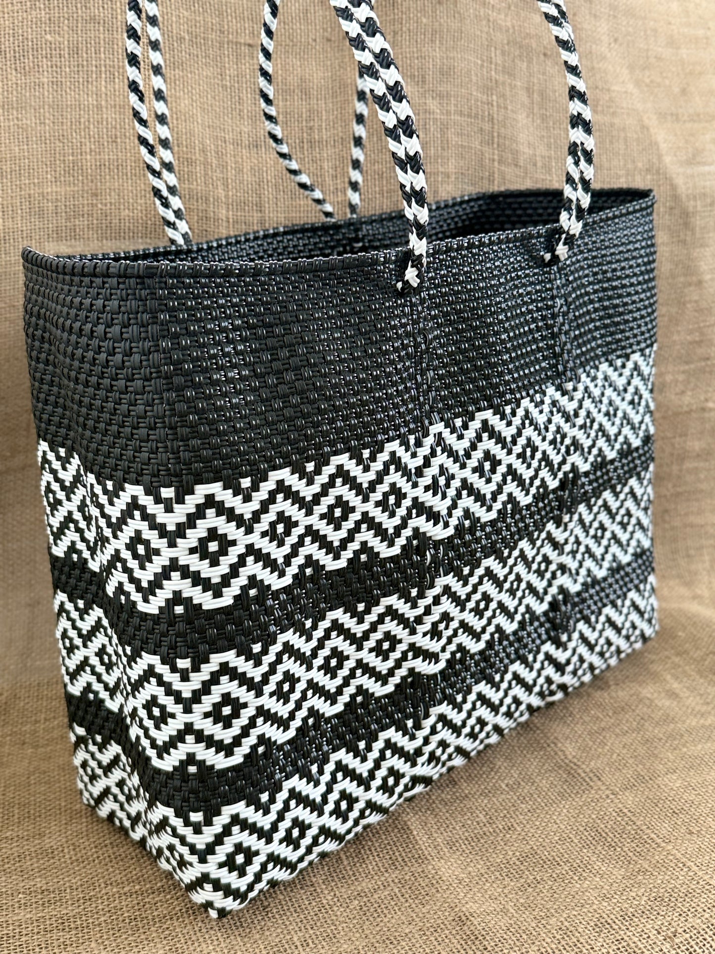 Handwoven Recycled Plastic Tote - White/Black