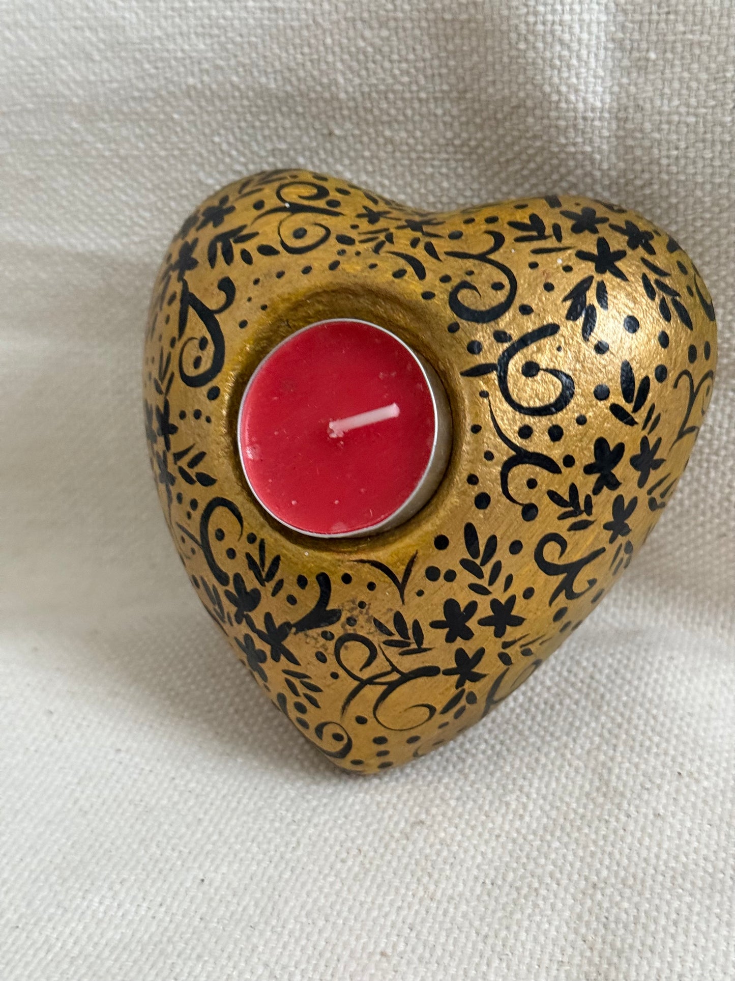 Heart-Shaped Hand-Painted Clay Candle Holder - Gold