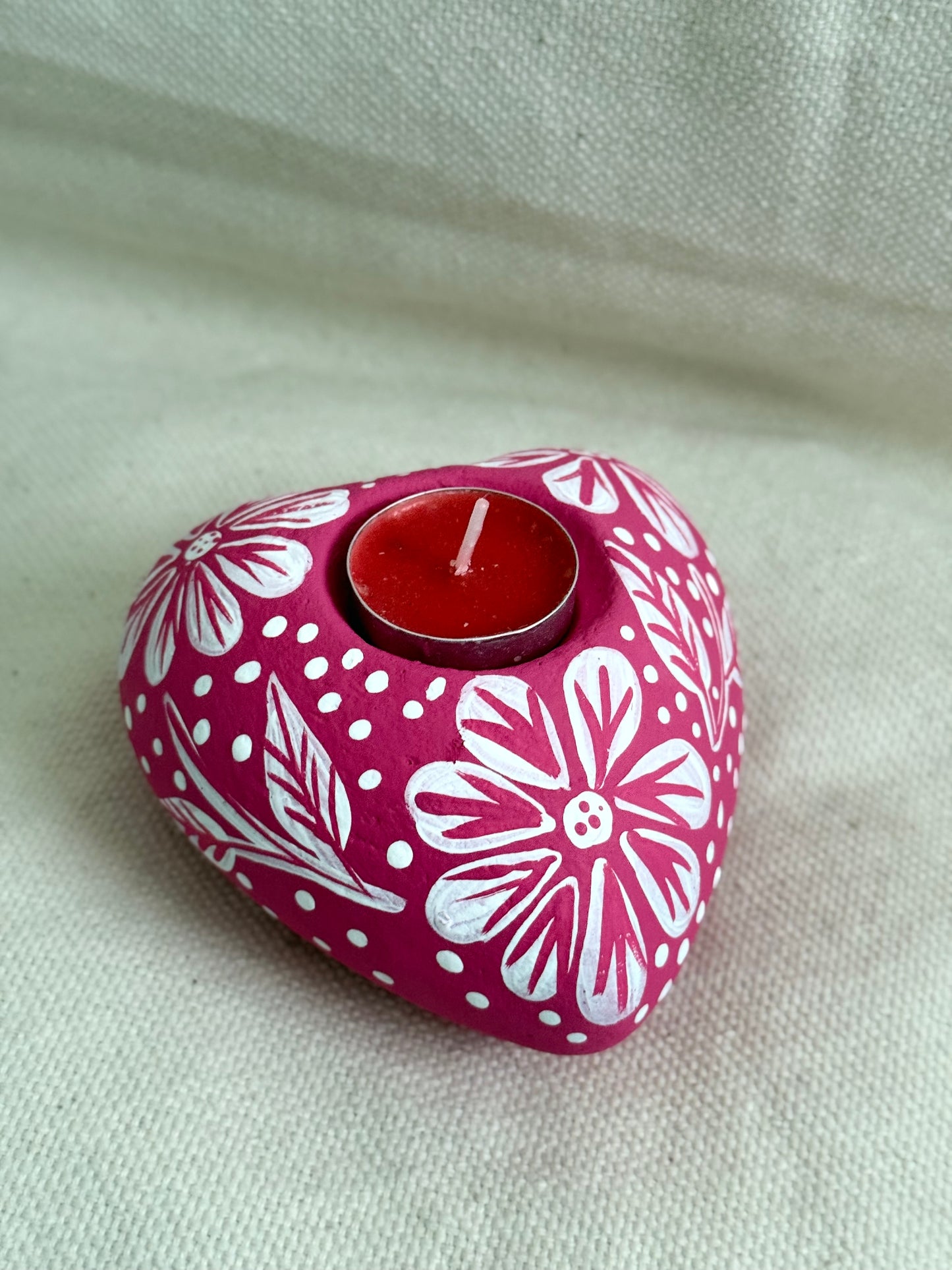Heart-Shaped Handpainted Clay Candle Holder - Pink