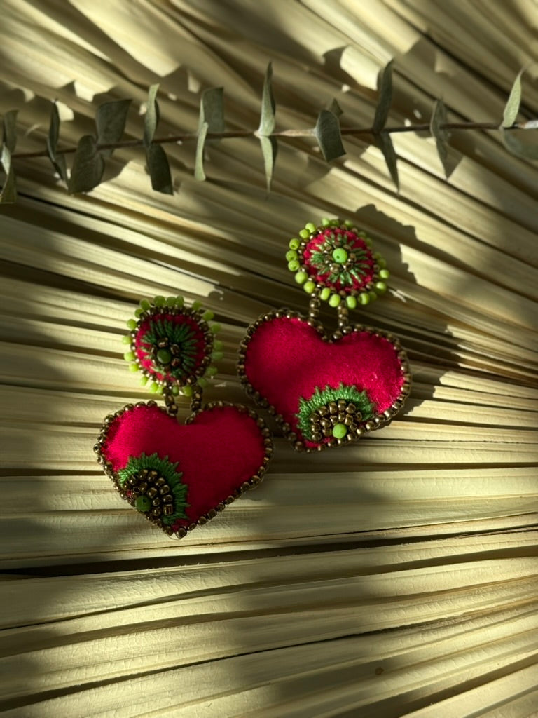Heart Shaped Earrings - Lime Green/Magenta