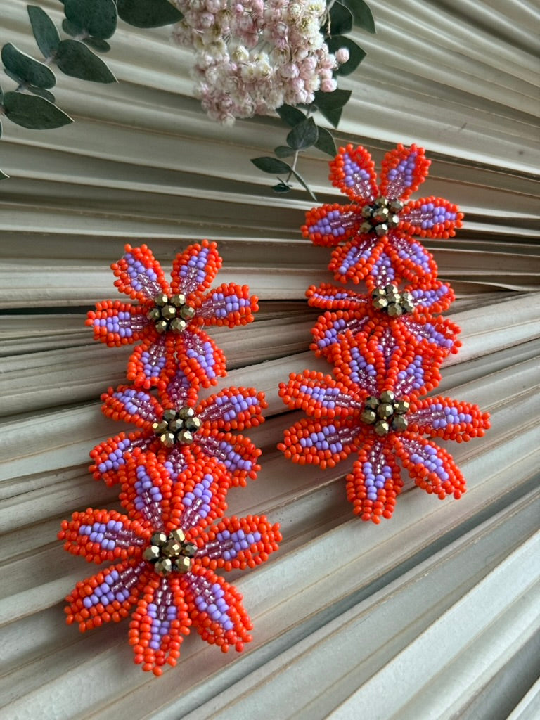 Beaded Flower Earrings - Orange