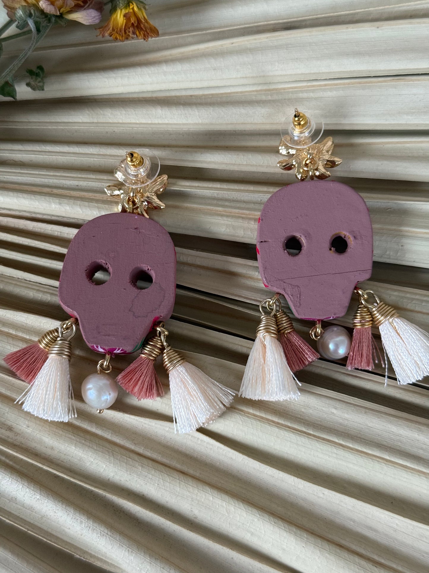 Wooden Catrina Earrings - Powder Pink/Red