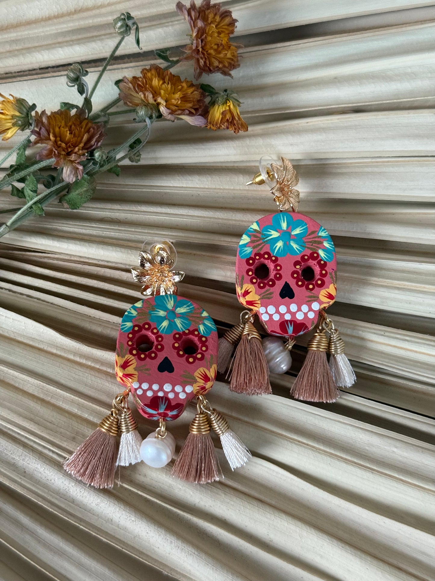 Wooden Catrina Earrings - Pink/Green