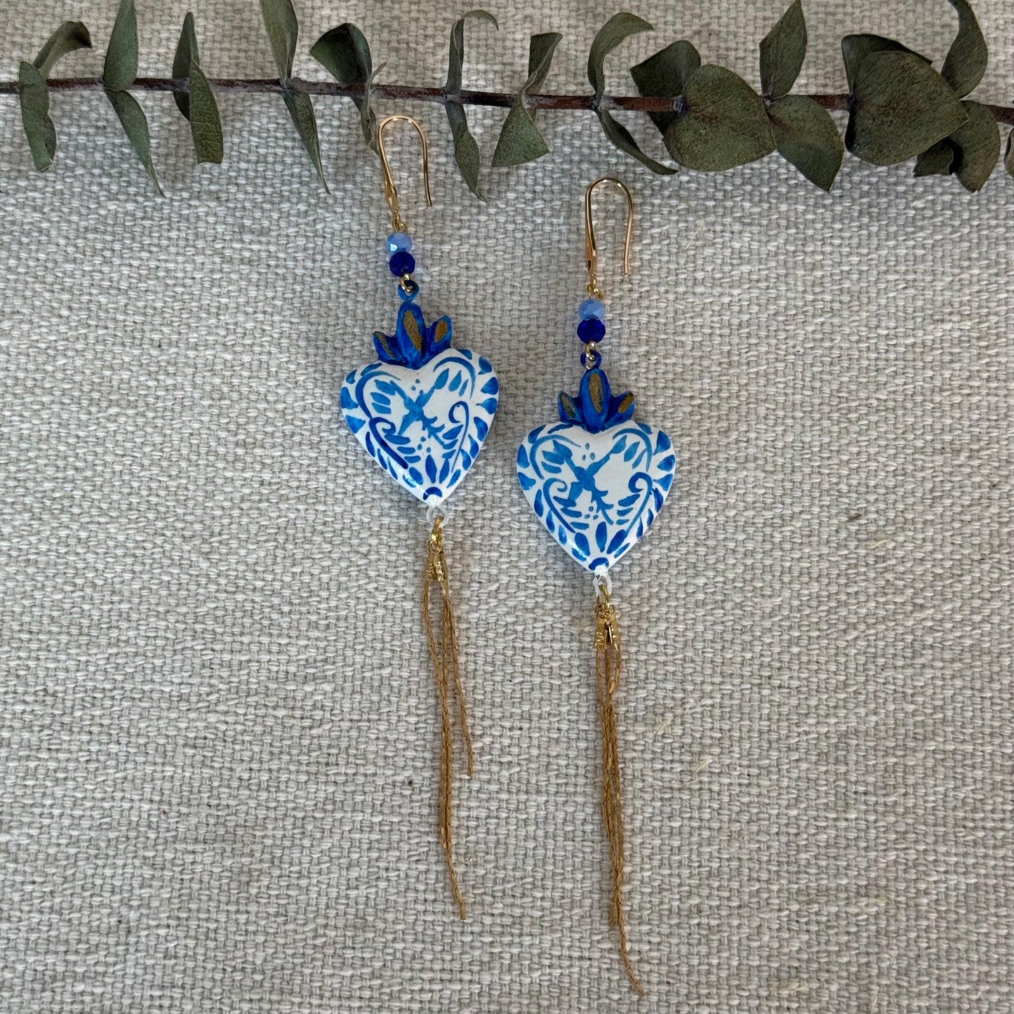 Blue Hummingbird Sacred Heart Long Earrings