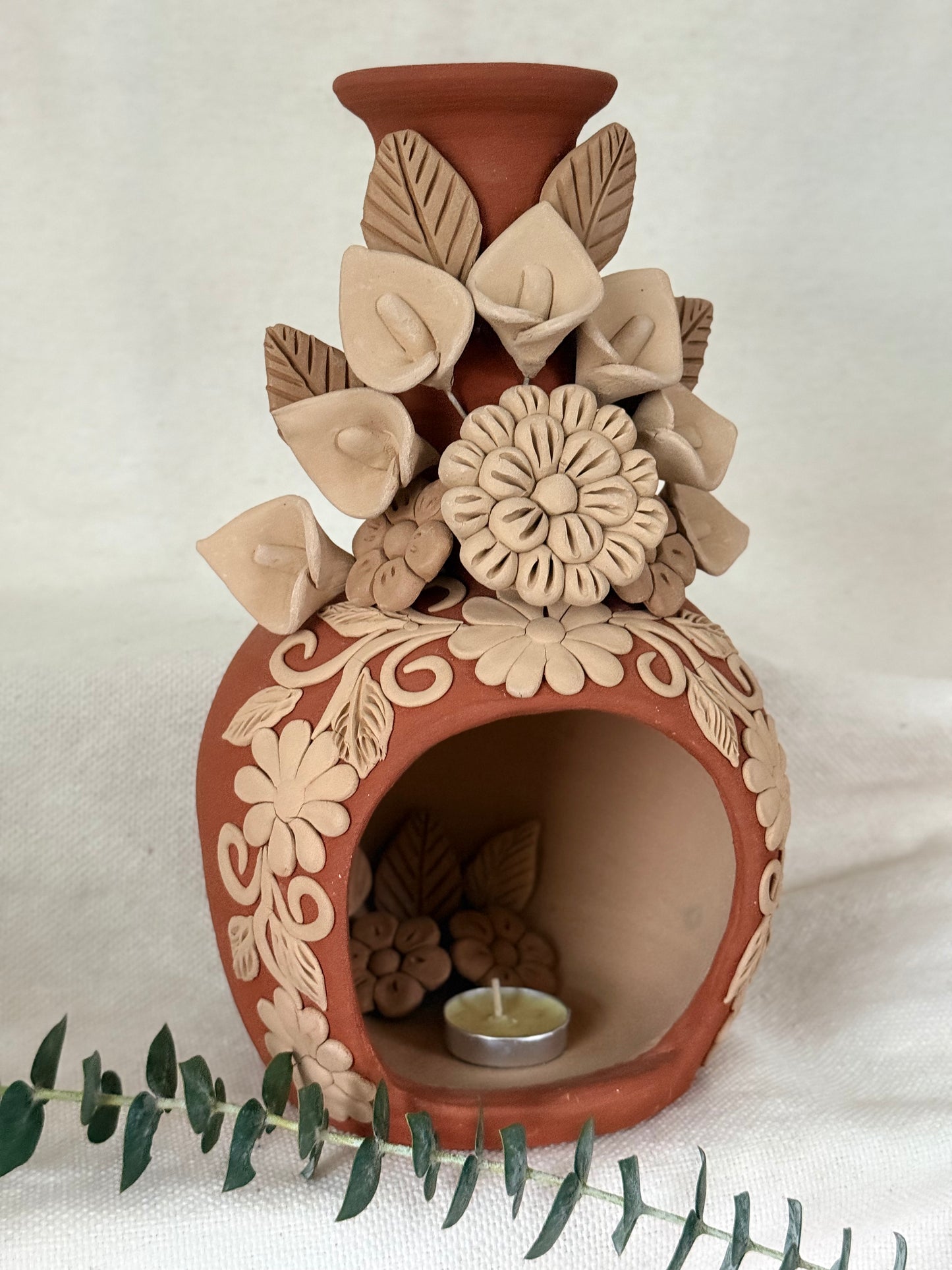 Handcrafted Clay Chimney Candle Holder with 3D Floral Detail - Calla Lilies