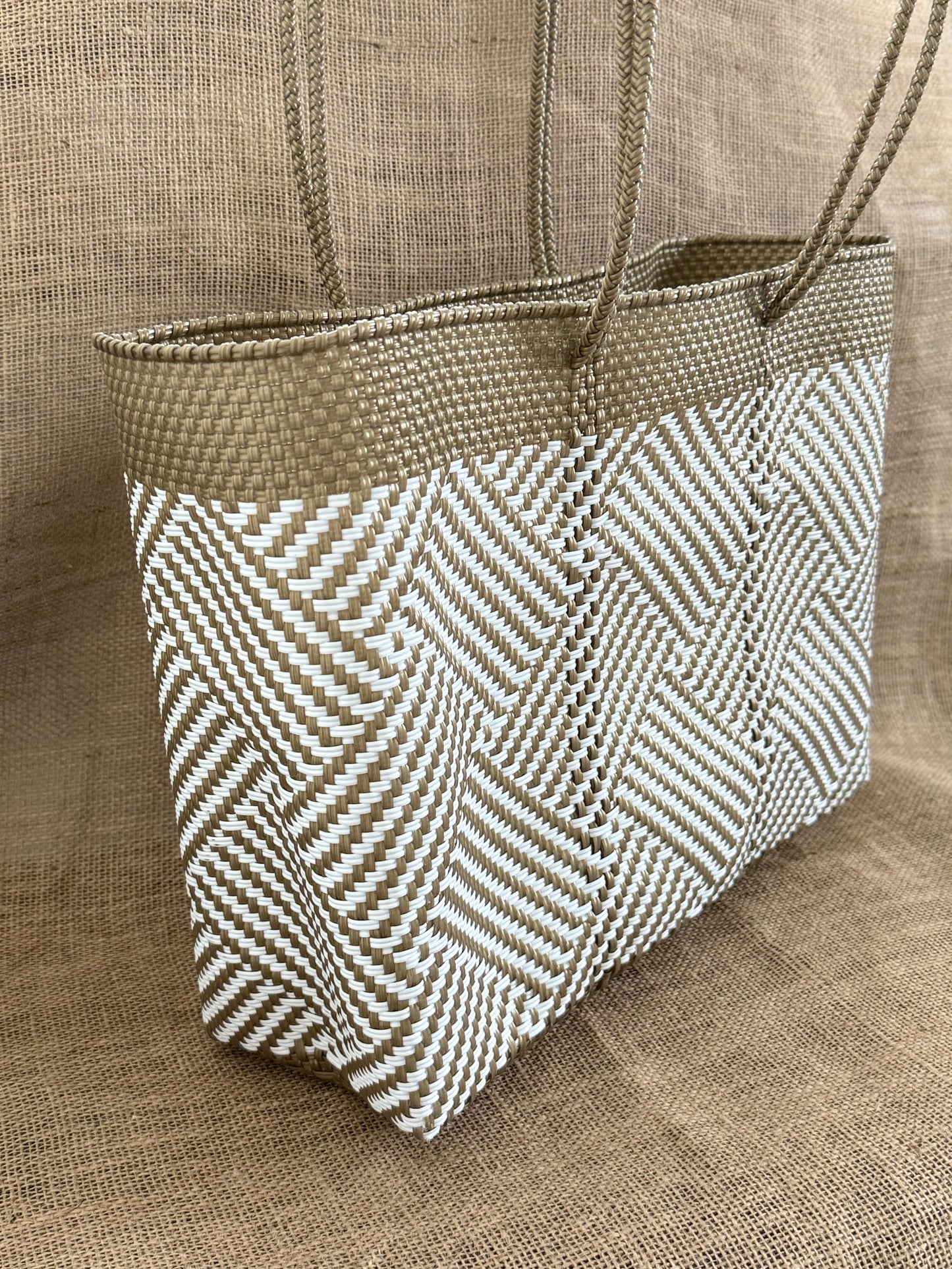 Handwoven Recycled Plastic Tote - Gold/White
