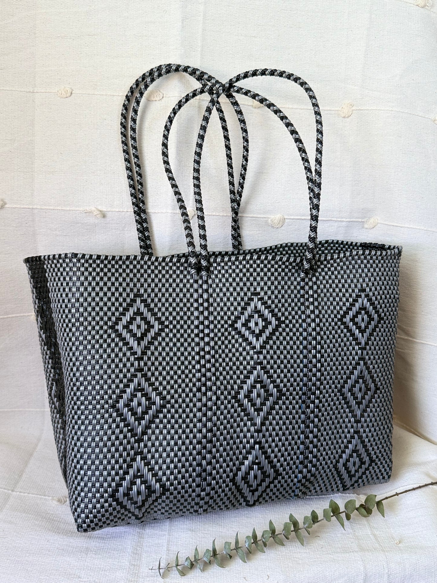 Handwoven Recycled Plastic Tote - Black/Dark Grey