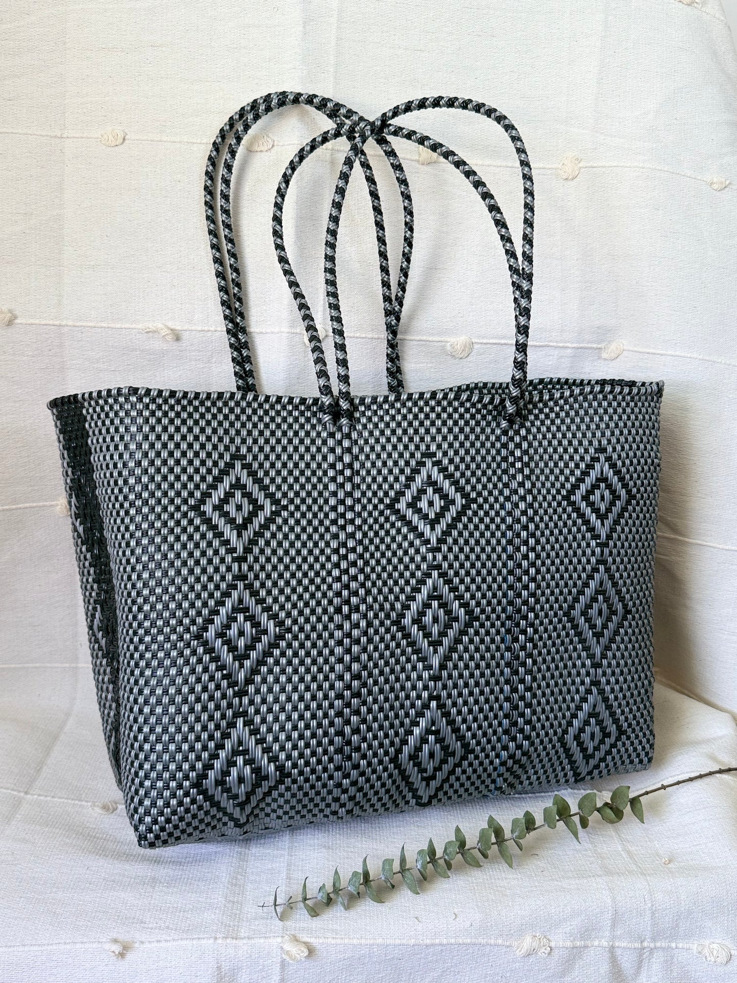 Handwoven Recycled Plastic Tote - Black/Dark Grey
